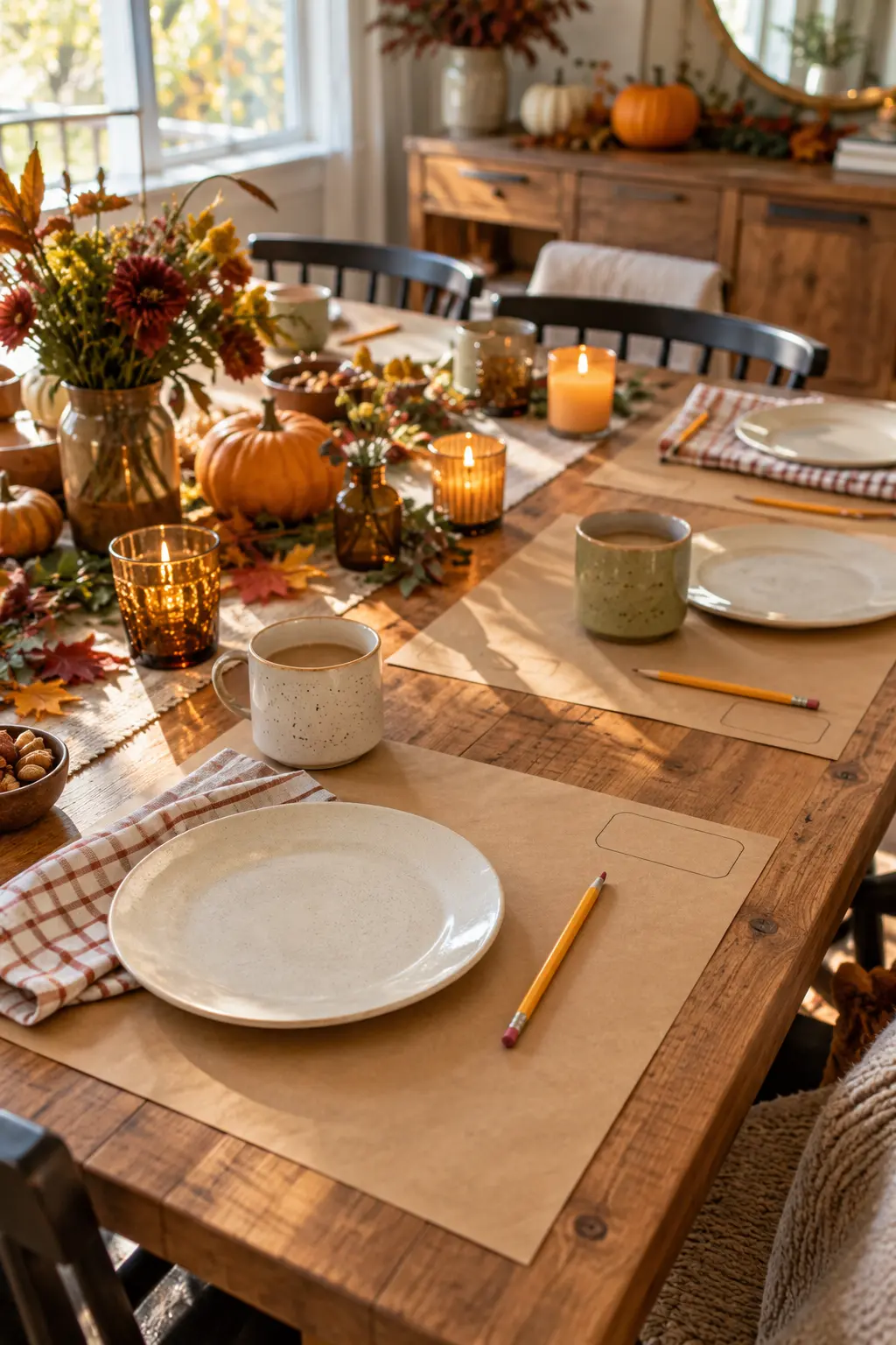 Kraft paper gratitude placemats with pencils and simple fall place settings