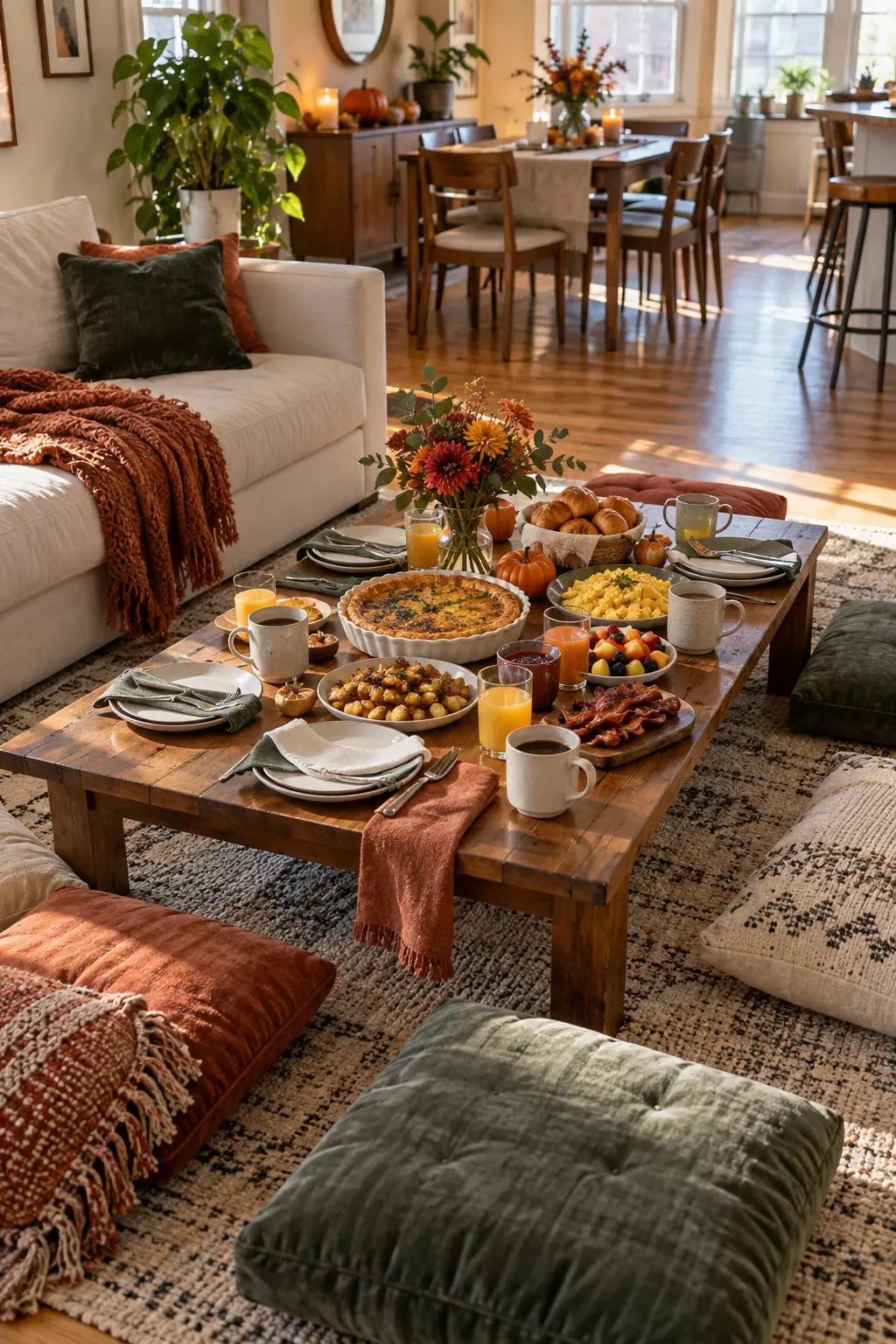 Low coffee table Friendsgiving brunch with floor cushions and cozy throws