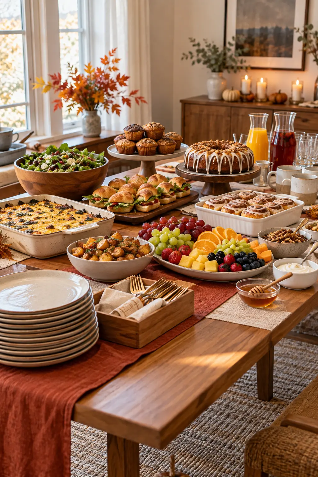 Friendsgiving potluck spread organized into savory sweet fruit and drink zones