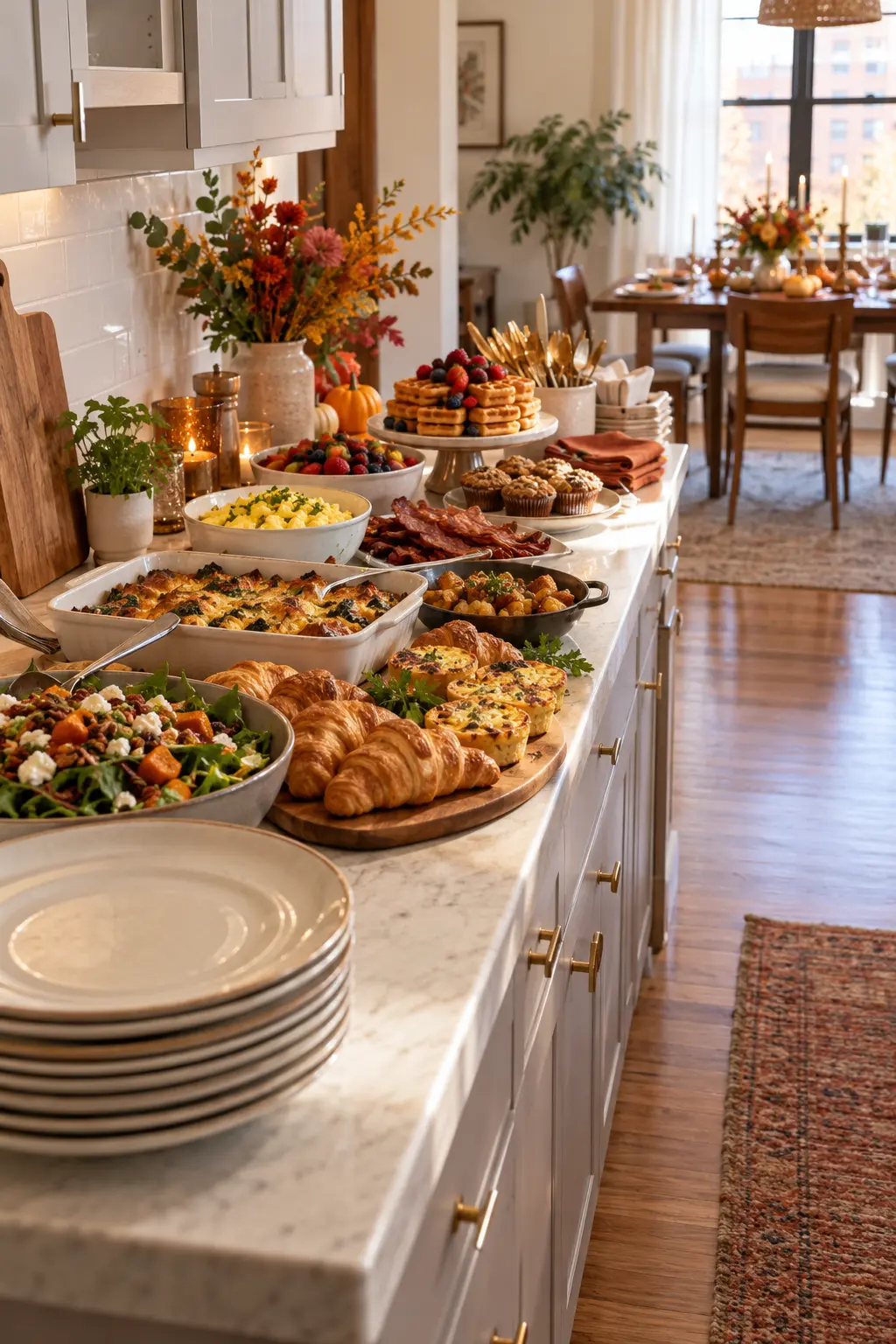 Small apartment kitchen counter arranged as a one direction Friendsgiving brunch buffet