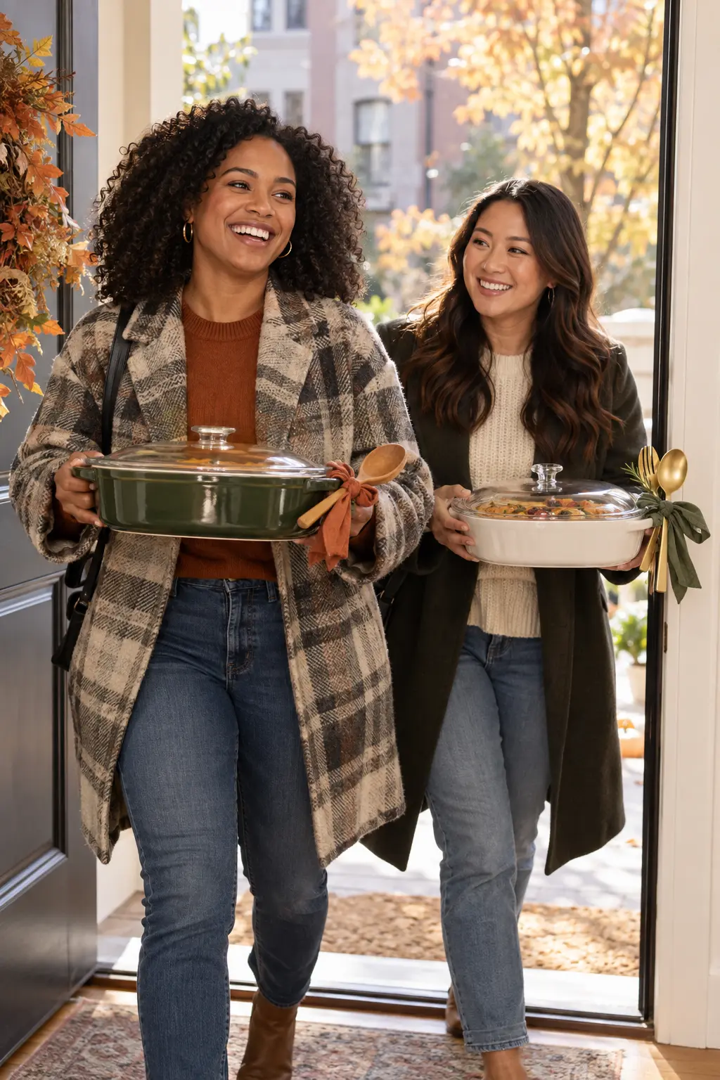 Friends arriving with ready to serve covered brunch dishes and serving utensils