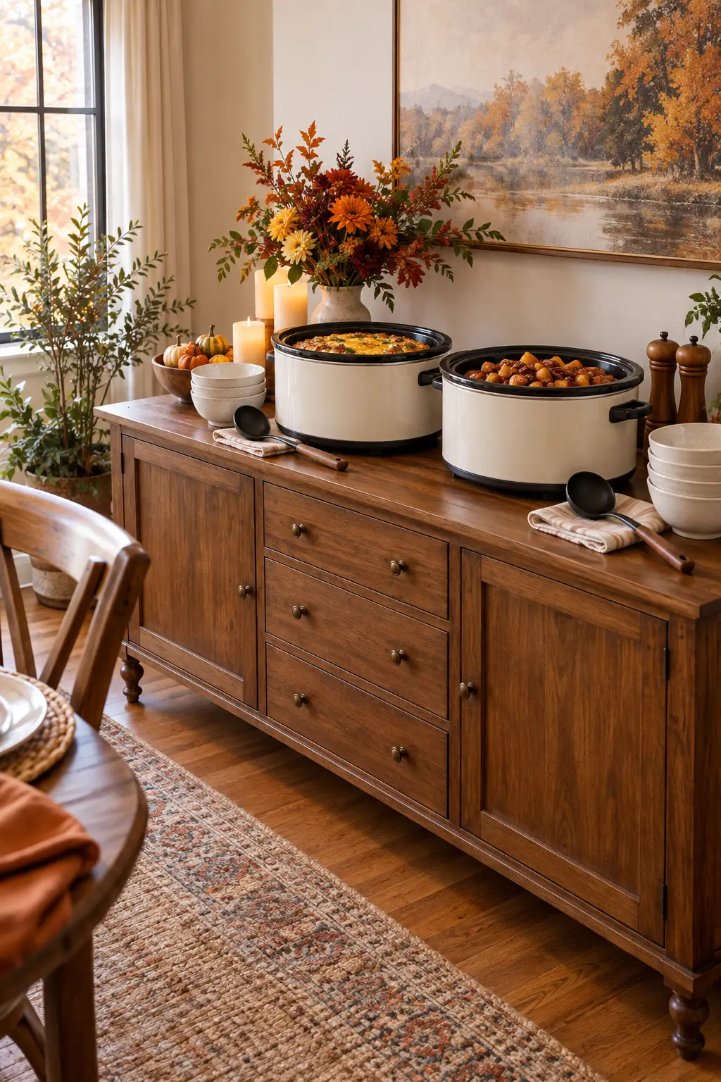 Two slow cookers on a side table holding warm brunch dishes with clear space around them