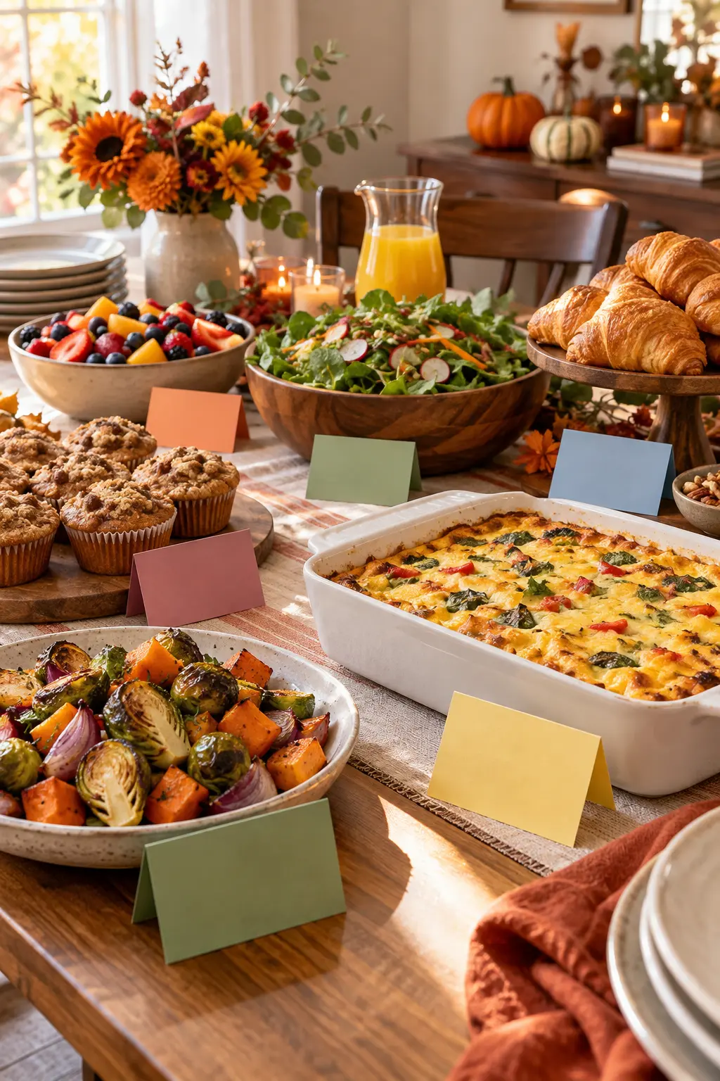 Brunch buffet with simple dietary label cards beside vegetarian and gluten free dishes