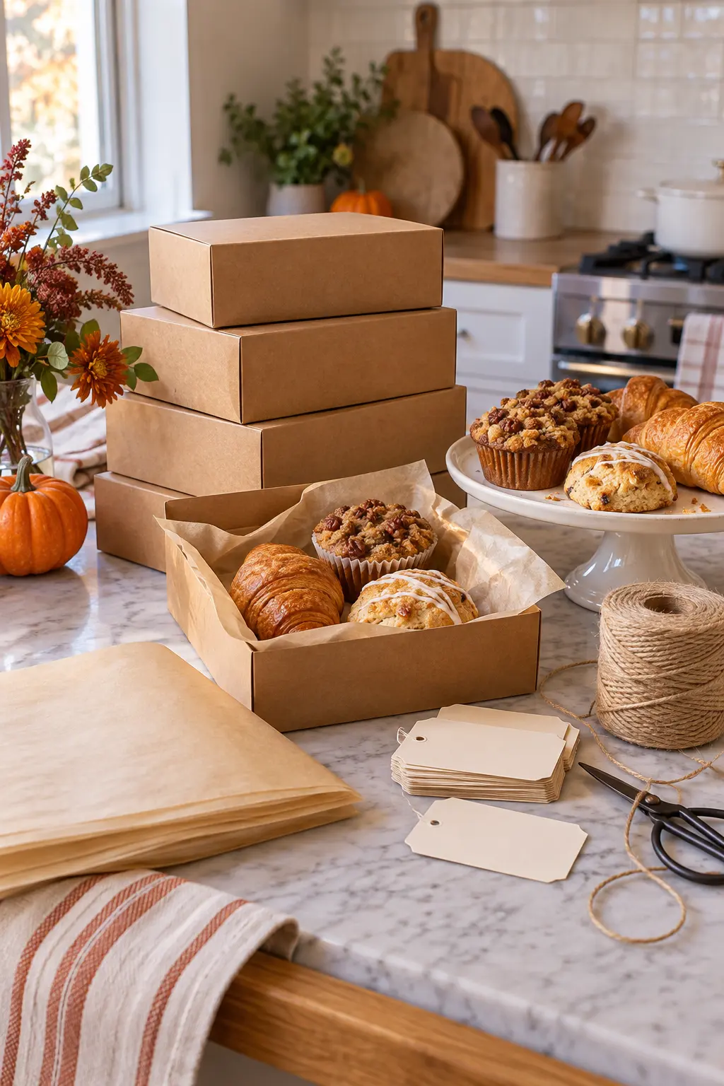 Friendsgiving leftover station with kraft takeout boxes parchment and twine