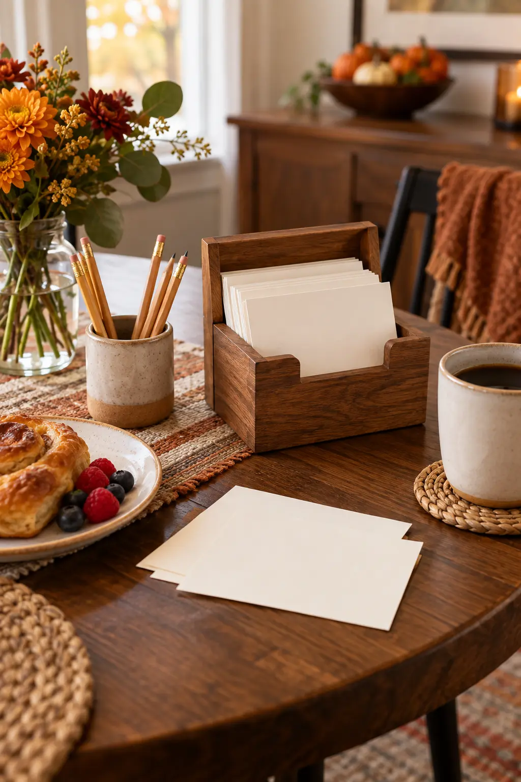 Friendsgiving recipe swap table with handwritten recipe cards and wooden card box