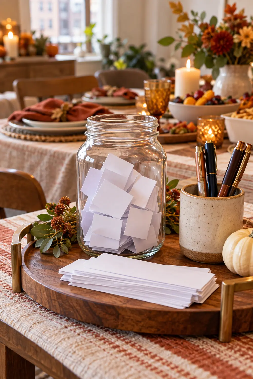 Glass gratitude jar with blank paper strips and pens at a Friendsgiving brunch