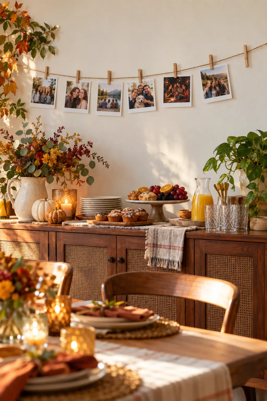 Friendship photos clipped to twine above a cozy Friendsgiving brunch sideboard