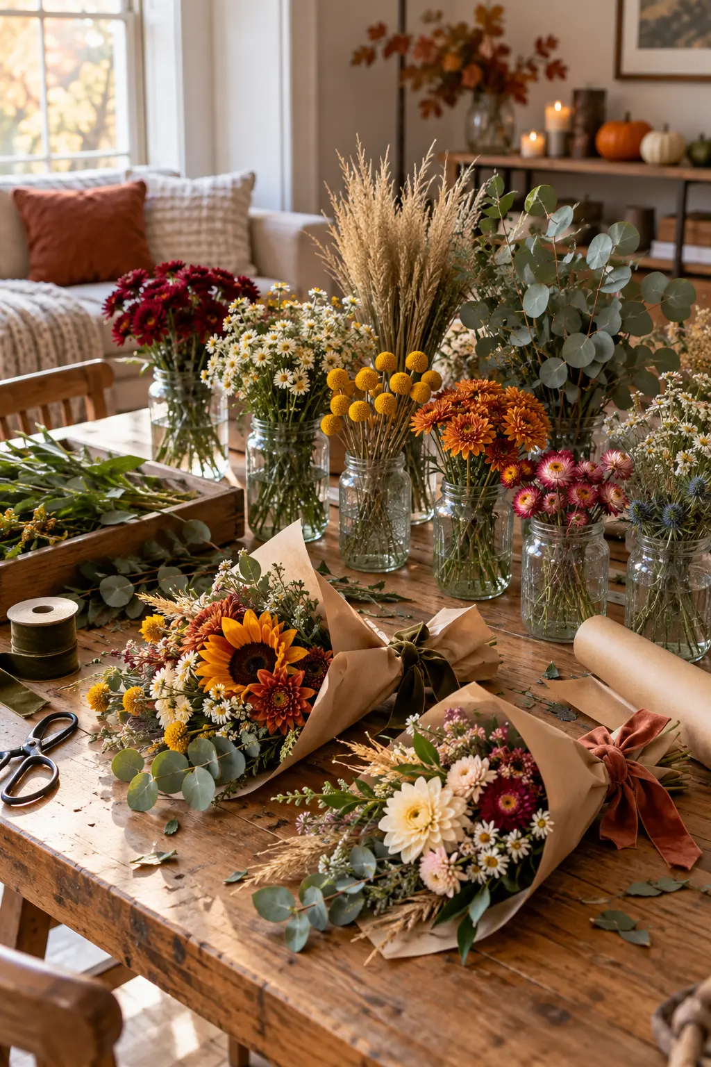 Mini bouquet bar with jars dried flowers greenery paper and ribbon