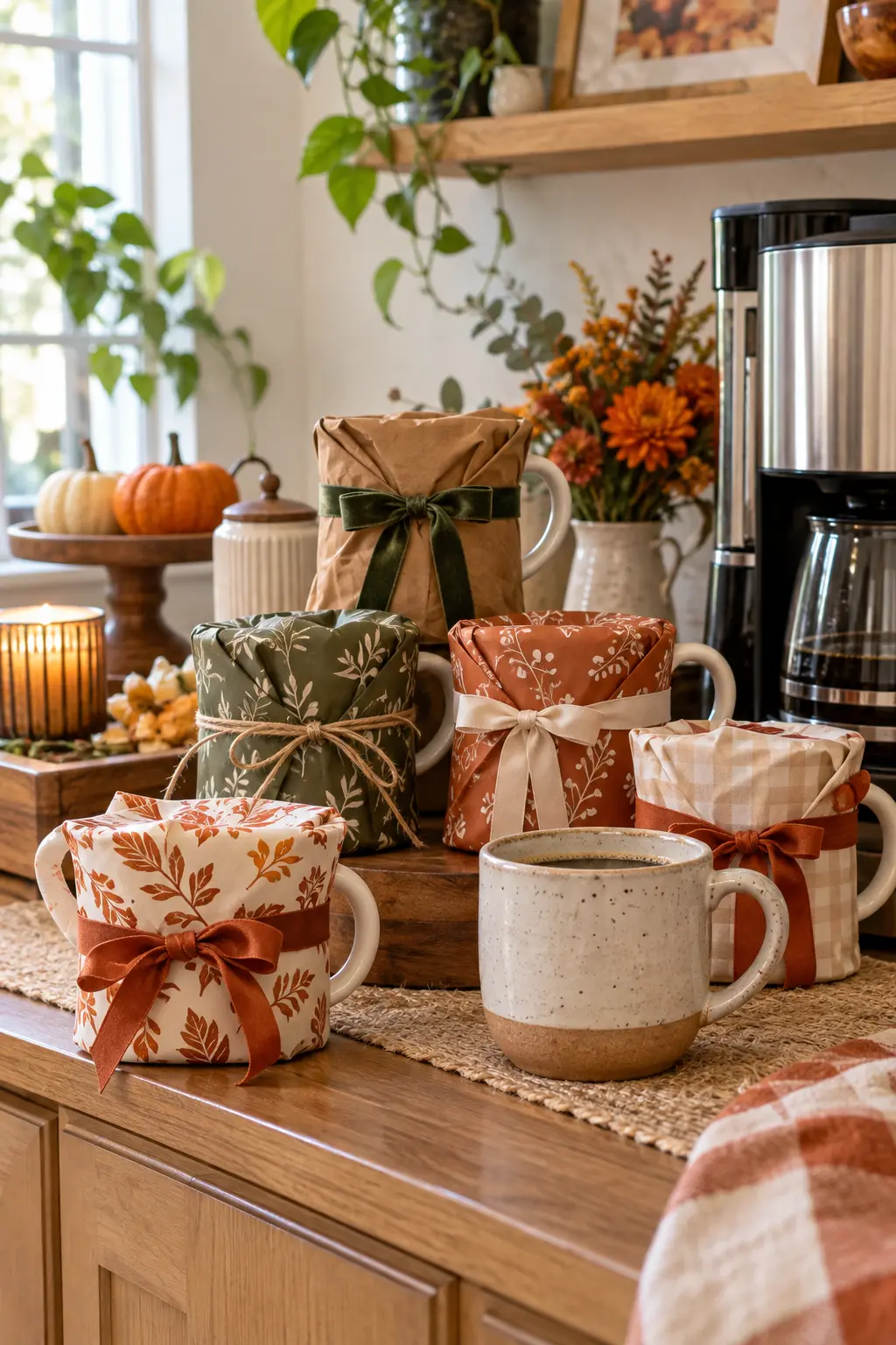 Wrapped ceramic mugs gathered beside a Friendsgiving coffee station