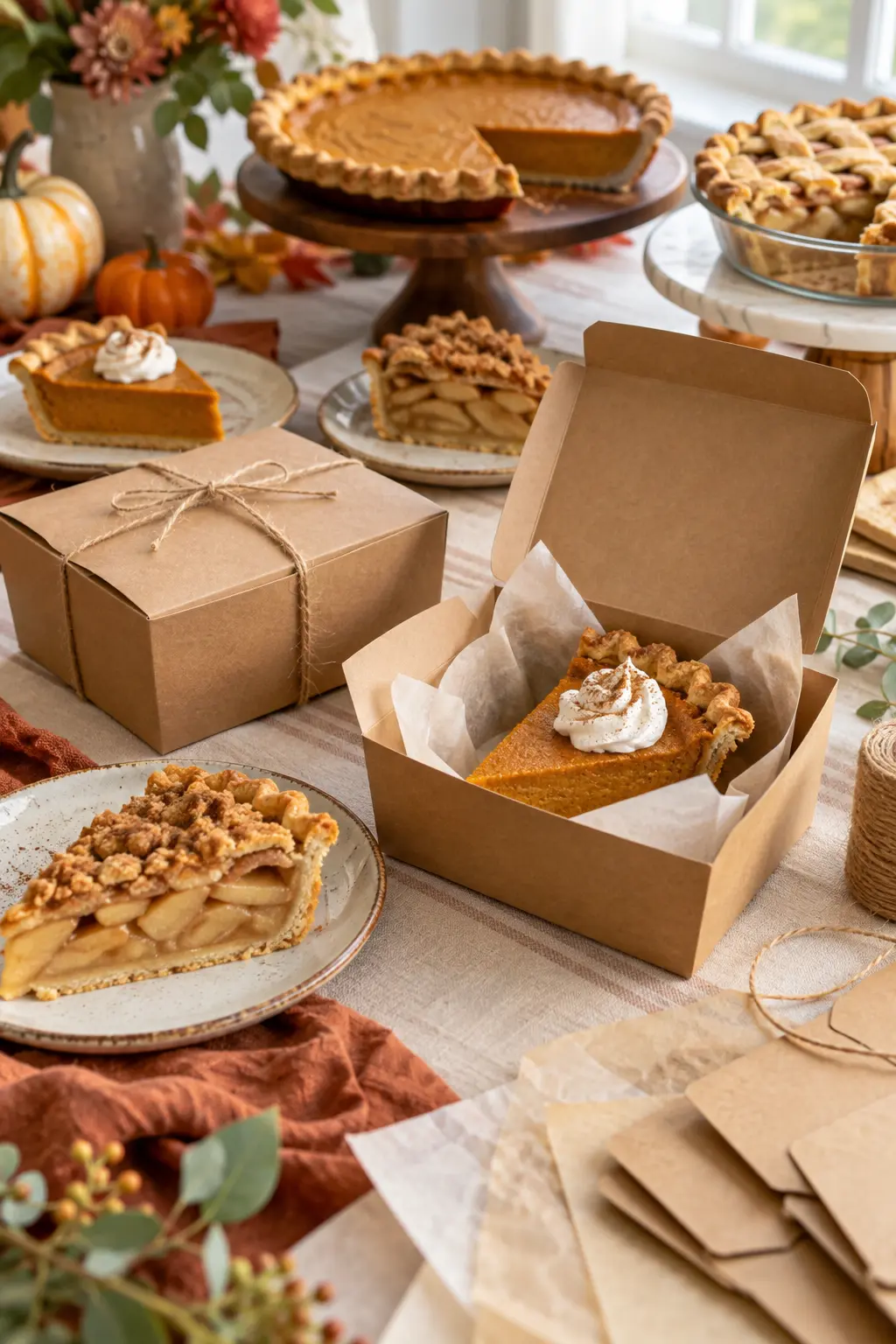 Small pie slice favor boxes with twine beside a Friendsgiving dessert table
