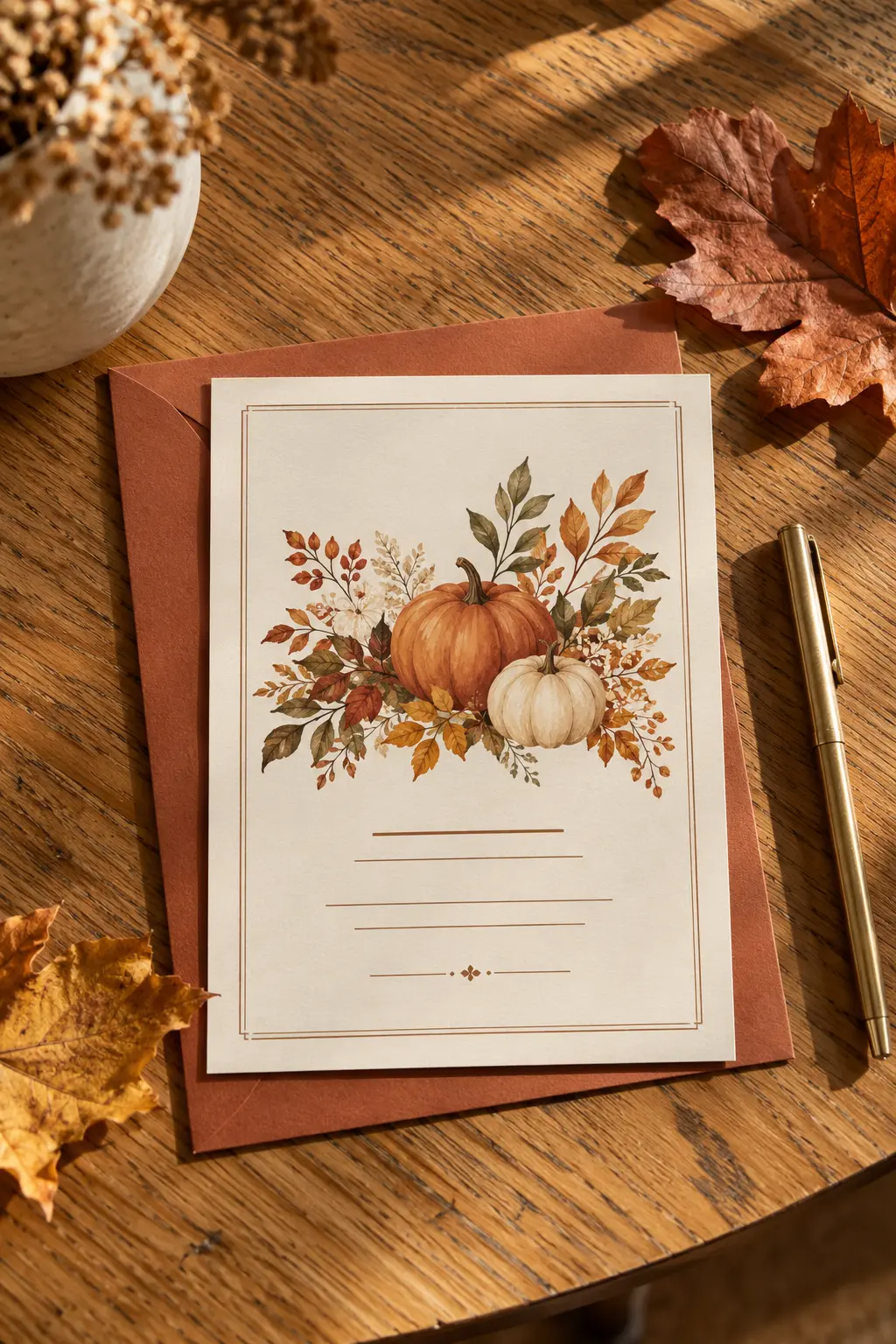 Cream printed Friendsgiving invitation card with autumn pumpkins on a terracotta envelope