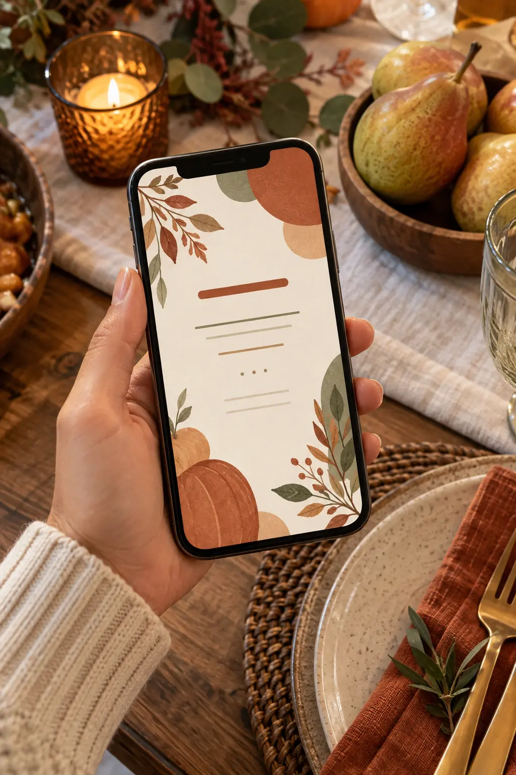 Vertical digital Friendsgiving invitation displayed on a smartphone above a cozy table