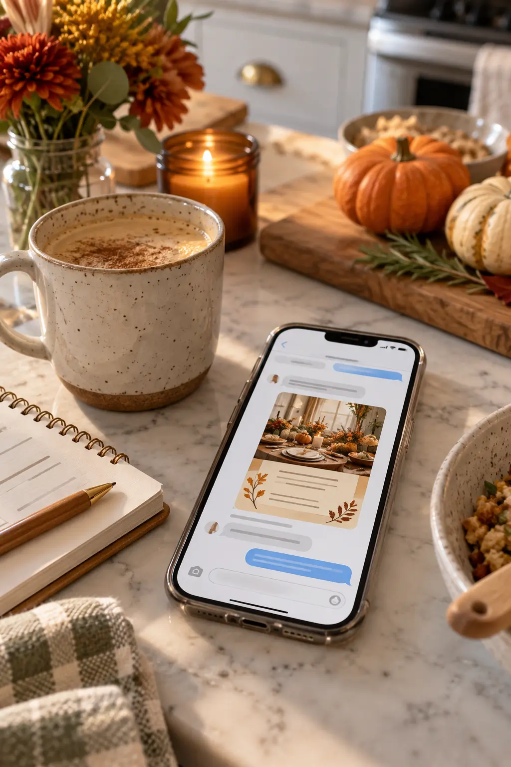 Smartphone showing a Friendsgiving image card and message blocks beside a mug