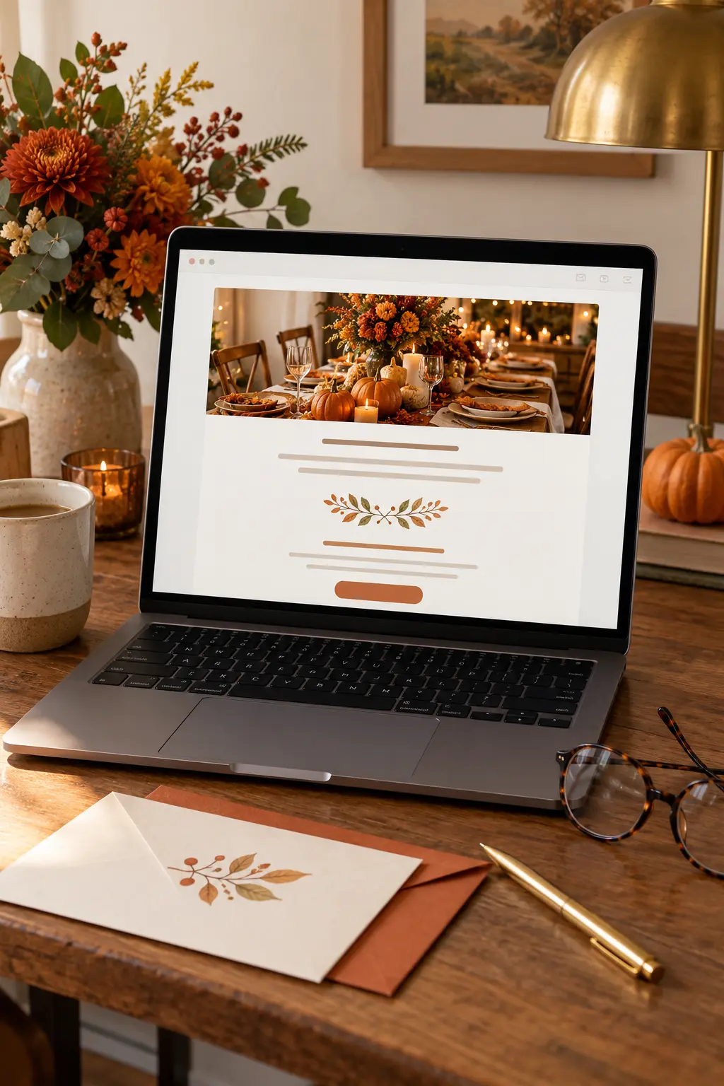 Laptop displaying a warm Friendsgiving email invitation layout on a home desk