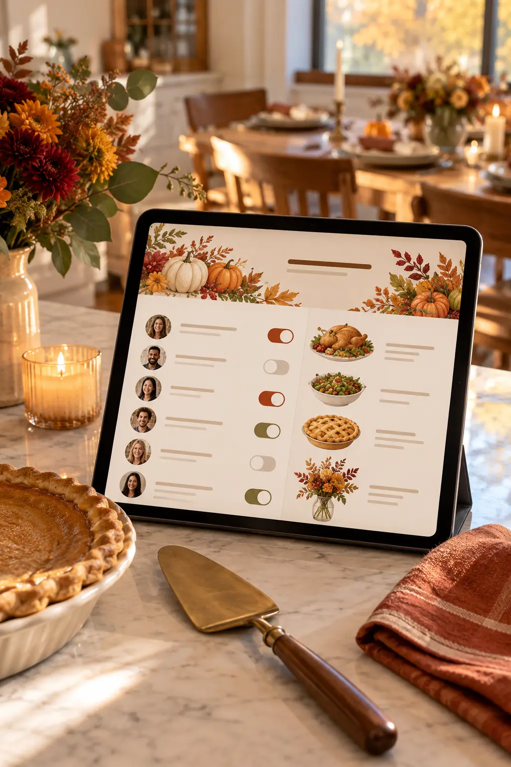 Tablet showing a simple Friendsgiving RSVP page beside a pie server