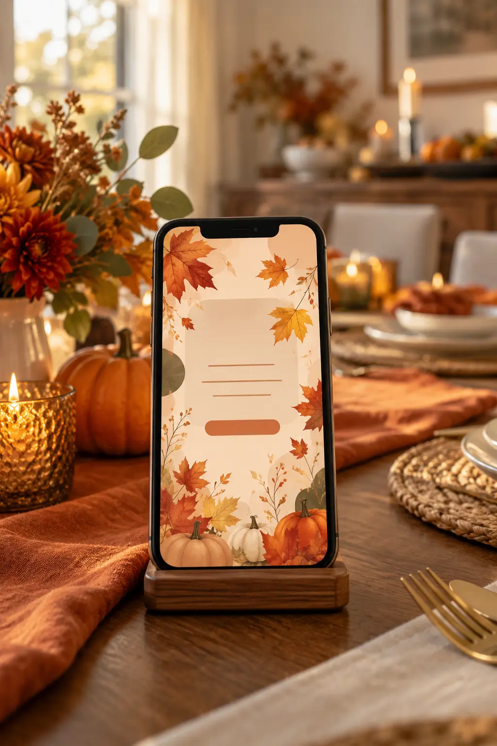 Smartphone displaying an animated autumn-leaf invitation frame in a dining room