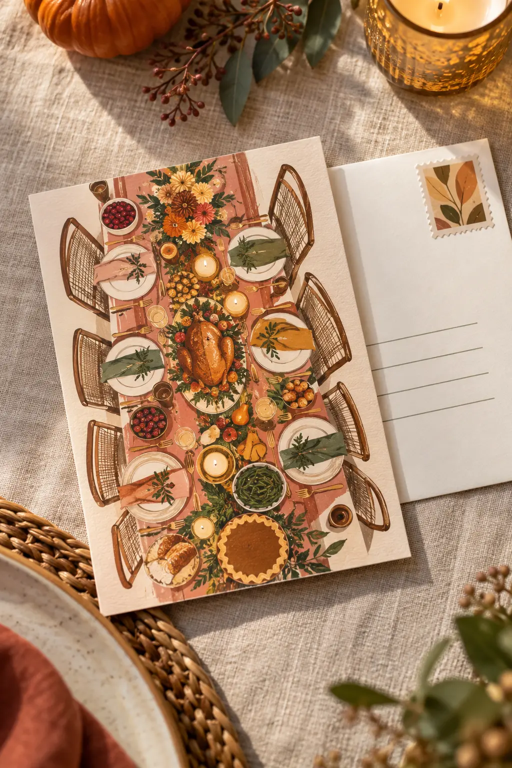 Illustrated Friendsgiving postcard invitation on a linen surface
