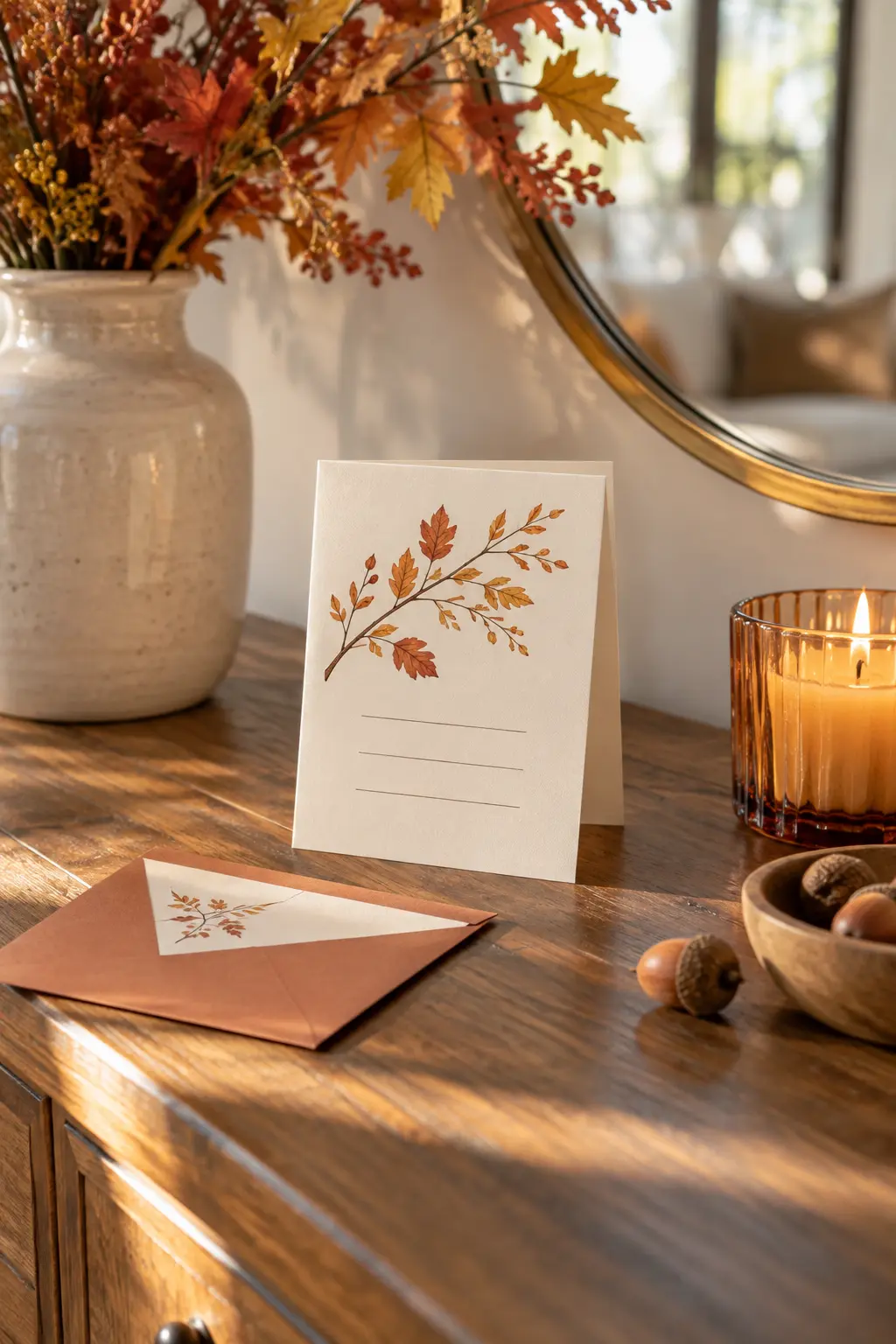 Open folded cream Friendsgiving invitation card with autumn branch illustration