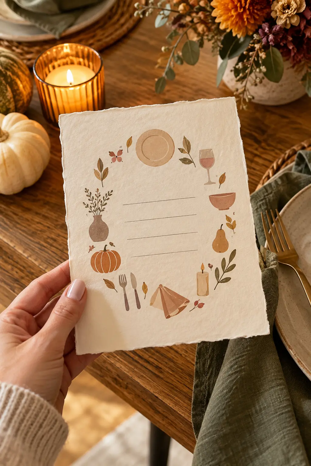 Handmade Friendsgiving invitation with a circle of place-setting icons in candlelight