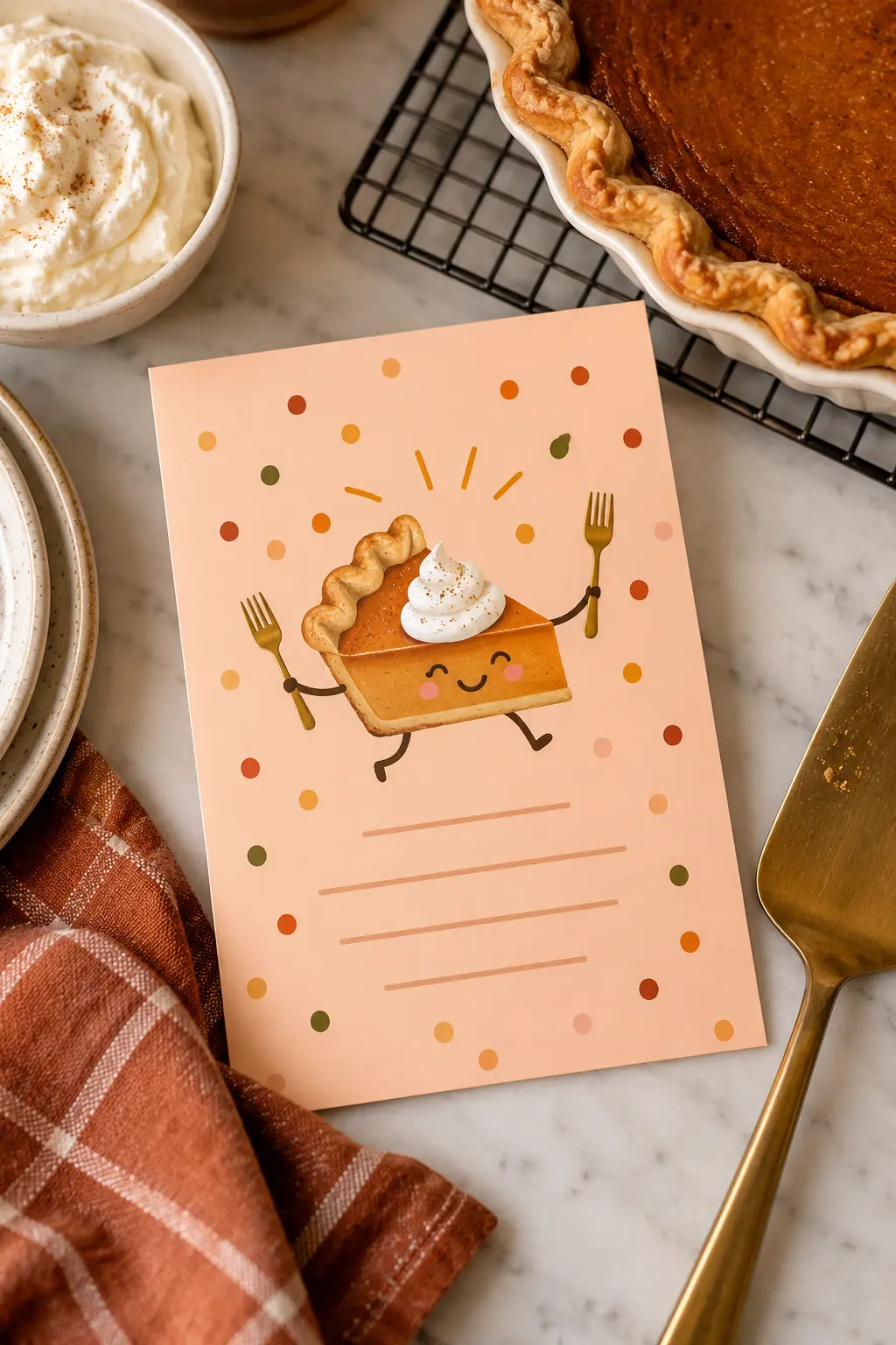 Peach Friendsgiving invitation with a playful pie slice illustration on a baking counter