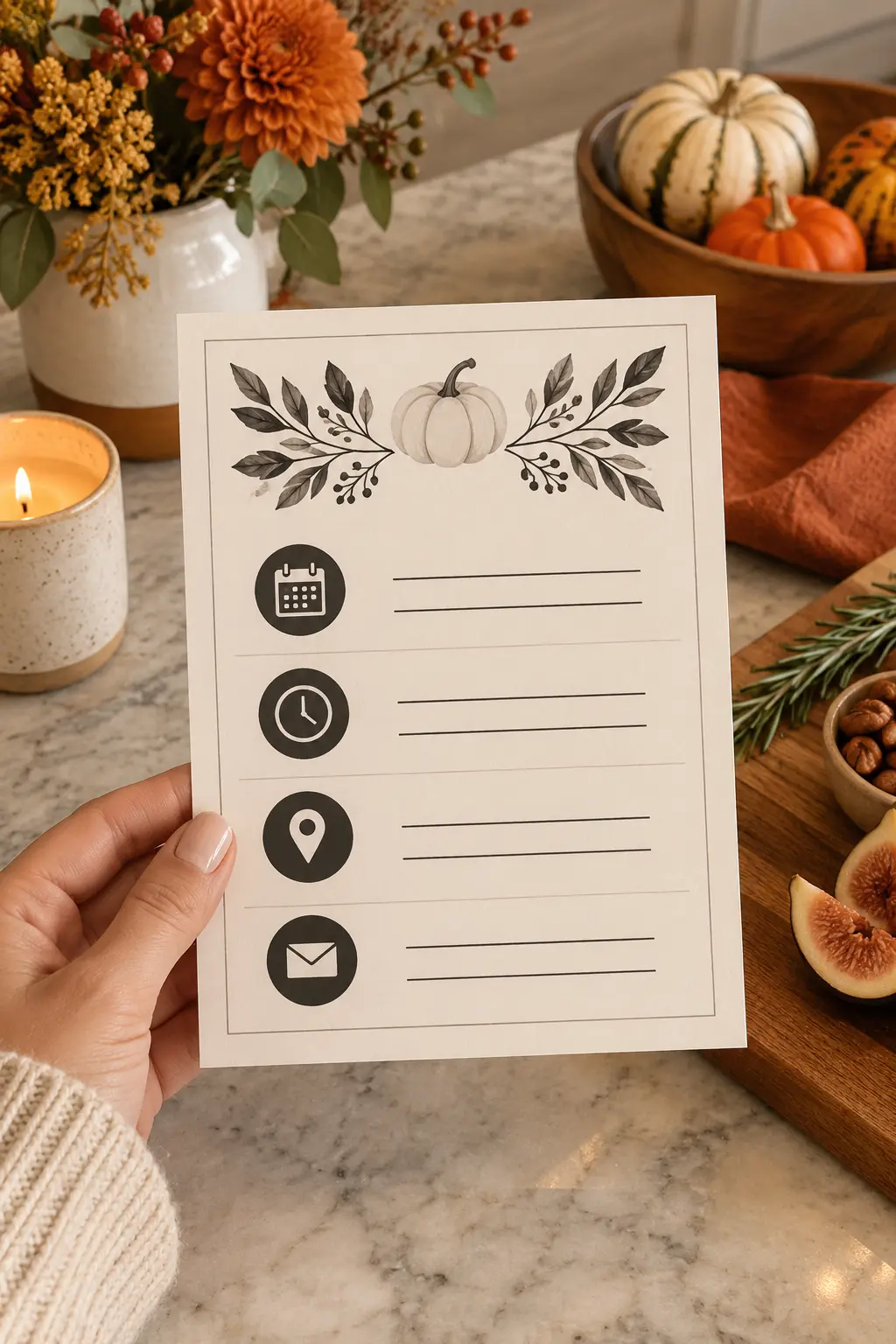 Friendsgiving invite with calendar clock location and RSVP icon sections