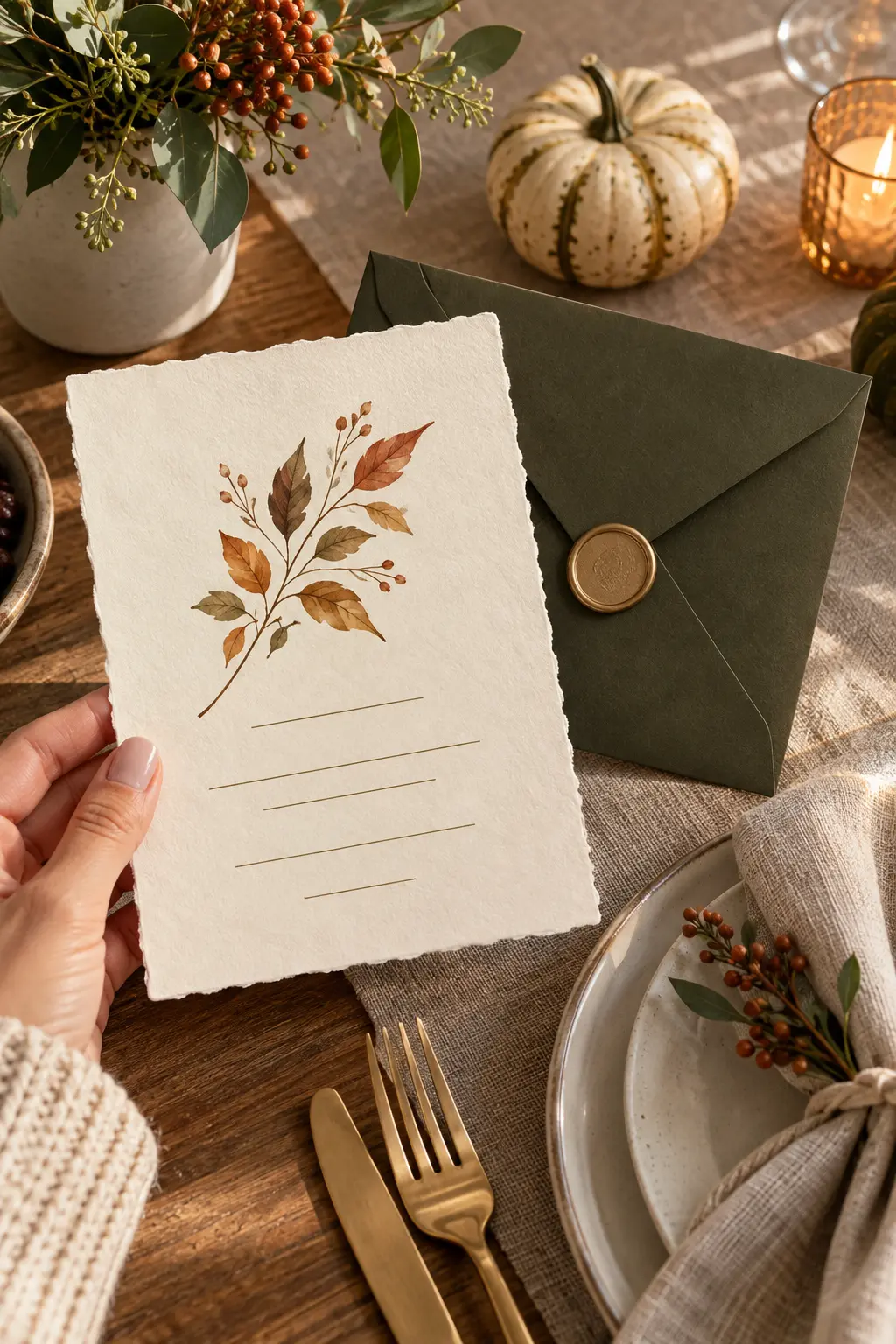 Ivory deckle-edge Friendsgiving invitation with olive envelope and brass flatware