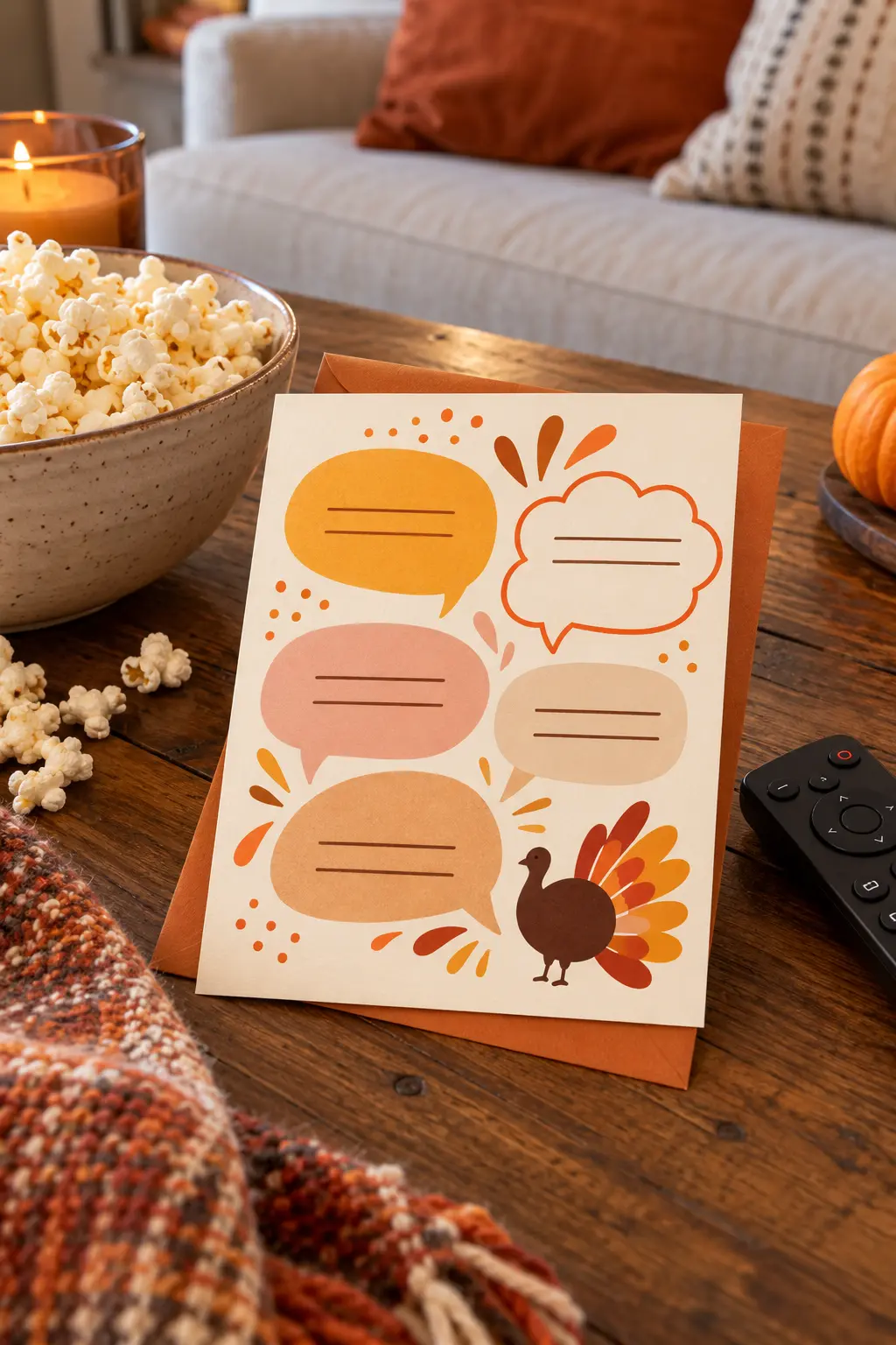 Playful Friendsgiving invitation with speech bubbles and a tiny turkey illustration