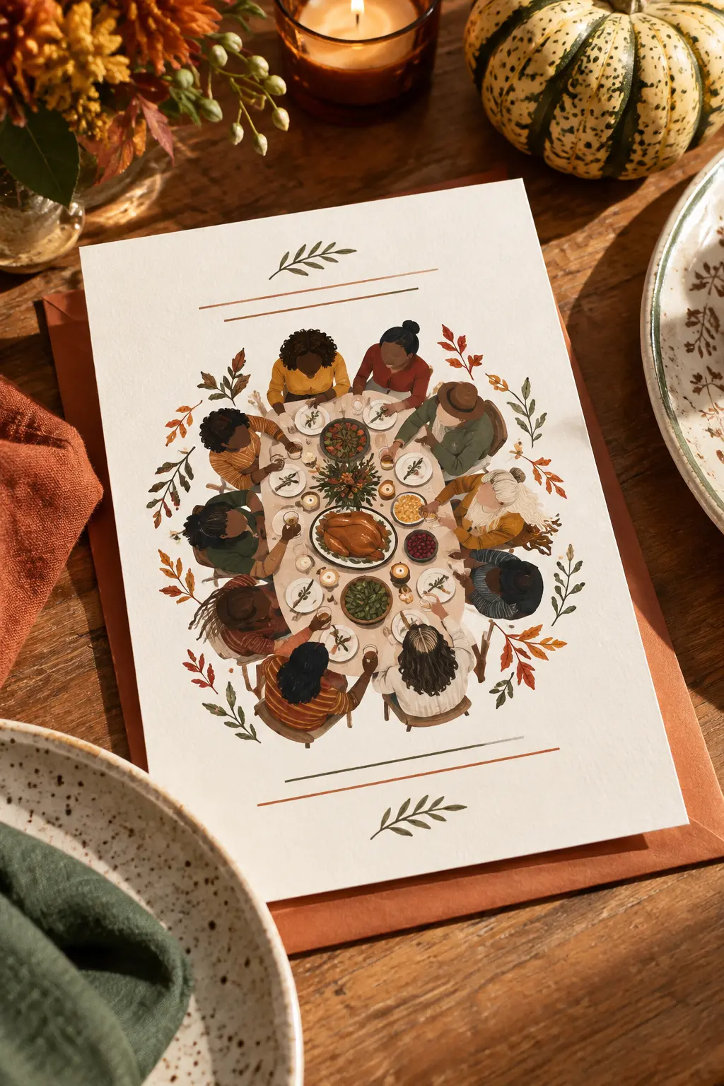Friendsgiving invitation showing diverse friend silhouettes gathered around a table