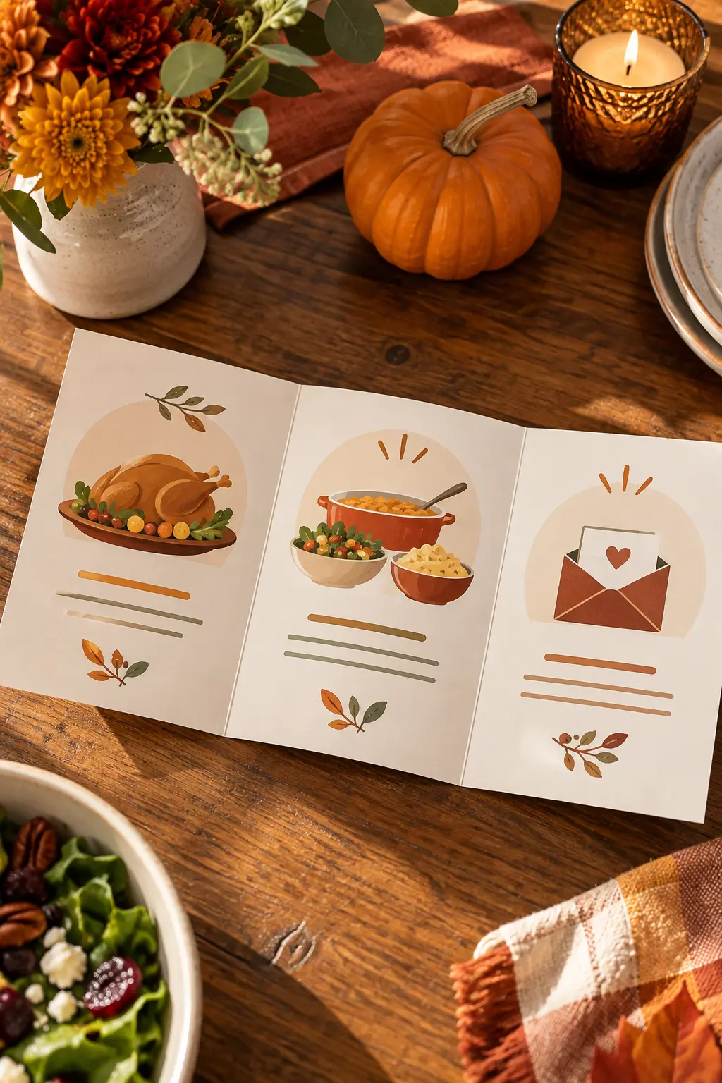 Accordion Friendsgiving invitation with meal potluck and RSVP icon panels