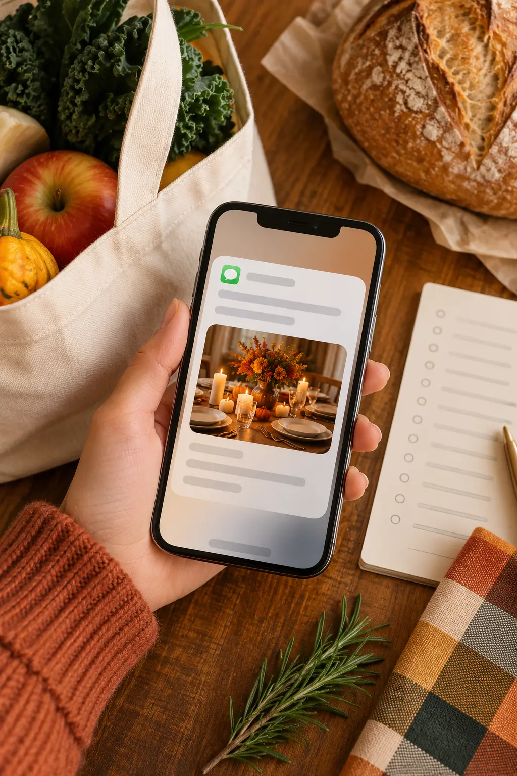 Casual Friendsgiving phone invitation beside groceries and a handwritten list