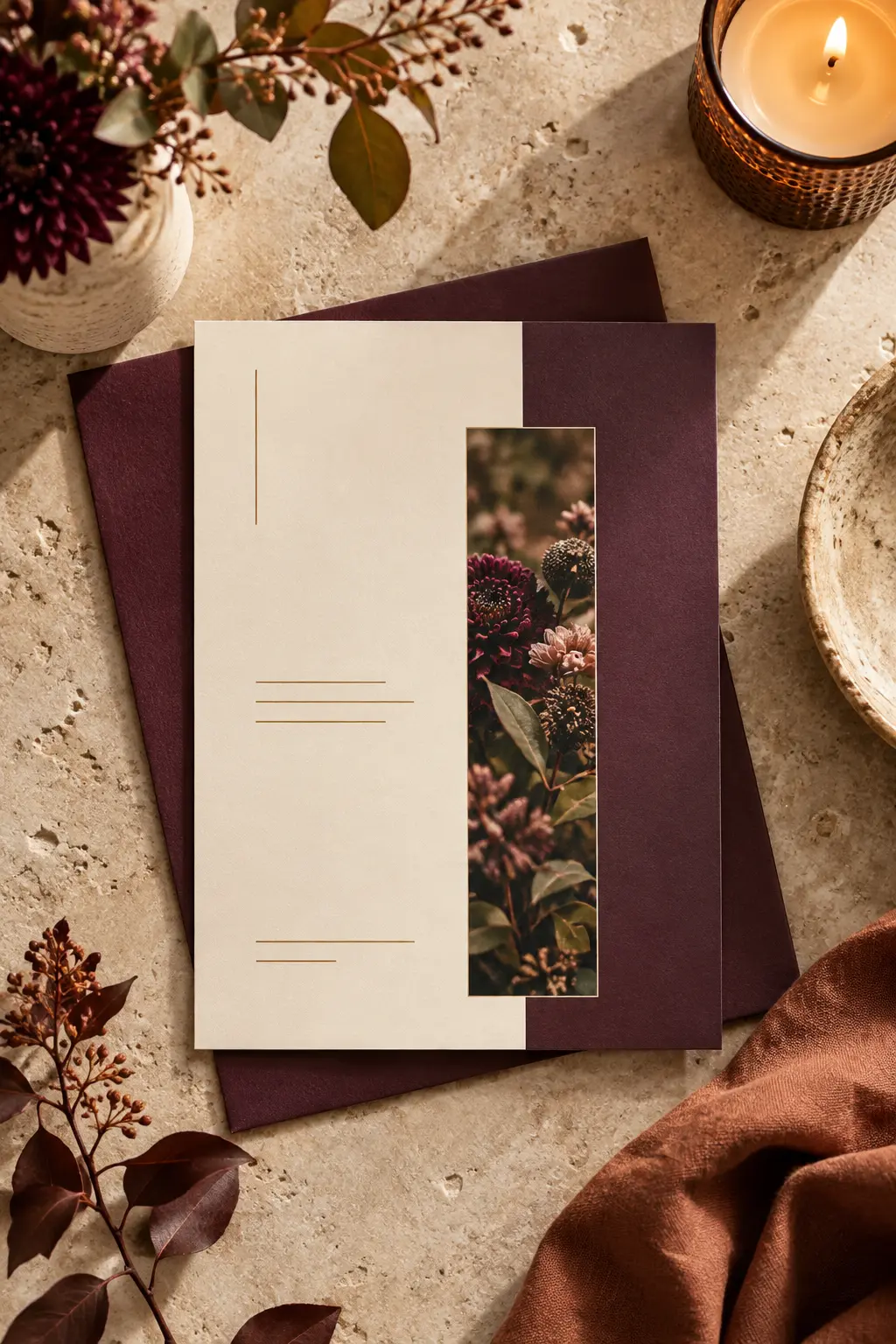 Modern Friendsgiving invitation with cream plum blocks and a botanical photo strip