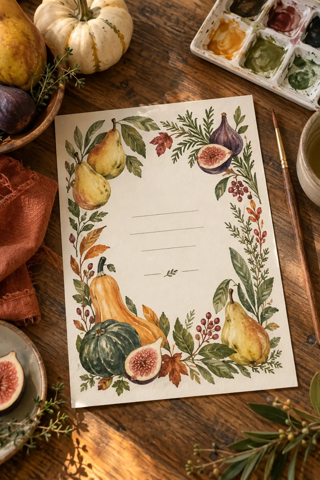 Watercolor Friendsgiving invitation surrounded by pears figs herbs and squash