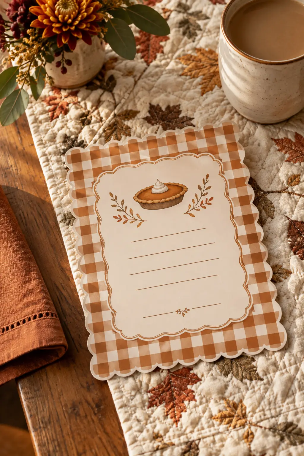 Brown and cream gingham Friendsgiving invitation with a scalloped edge
