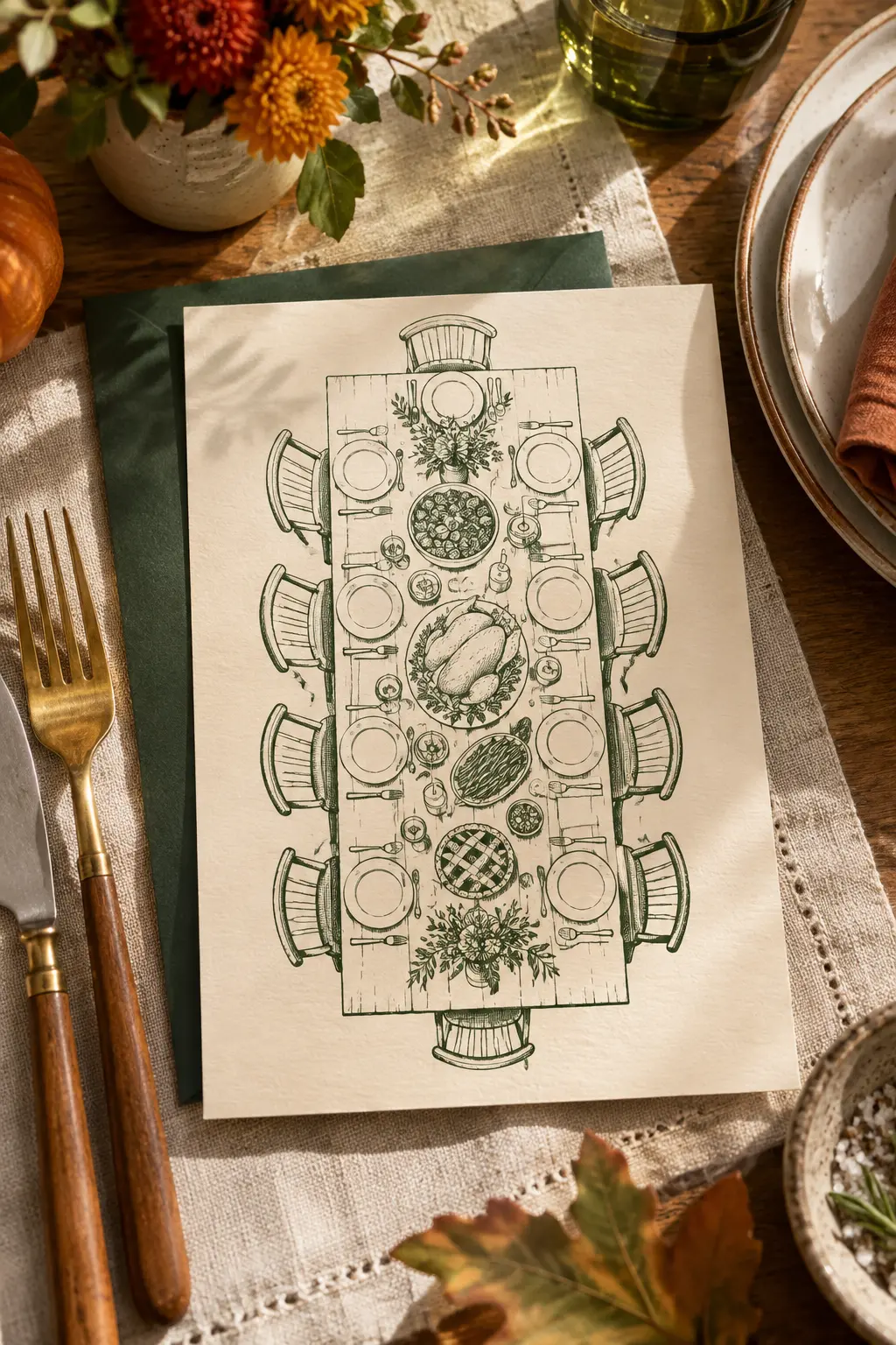 Friendsgiving invitation featuring an overhead line drawing of a shared table