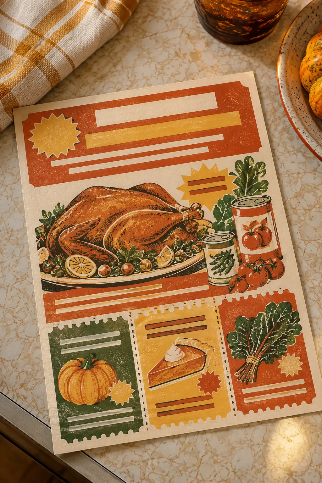 Retro grocery-flyer Friendsgiving invitation with produce illustrations and coupon edges