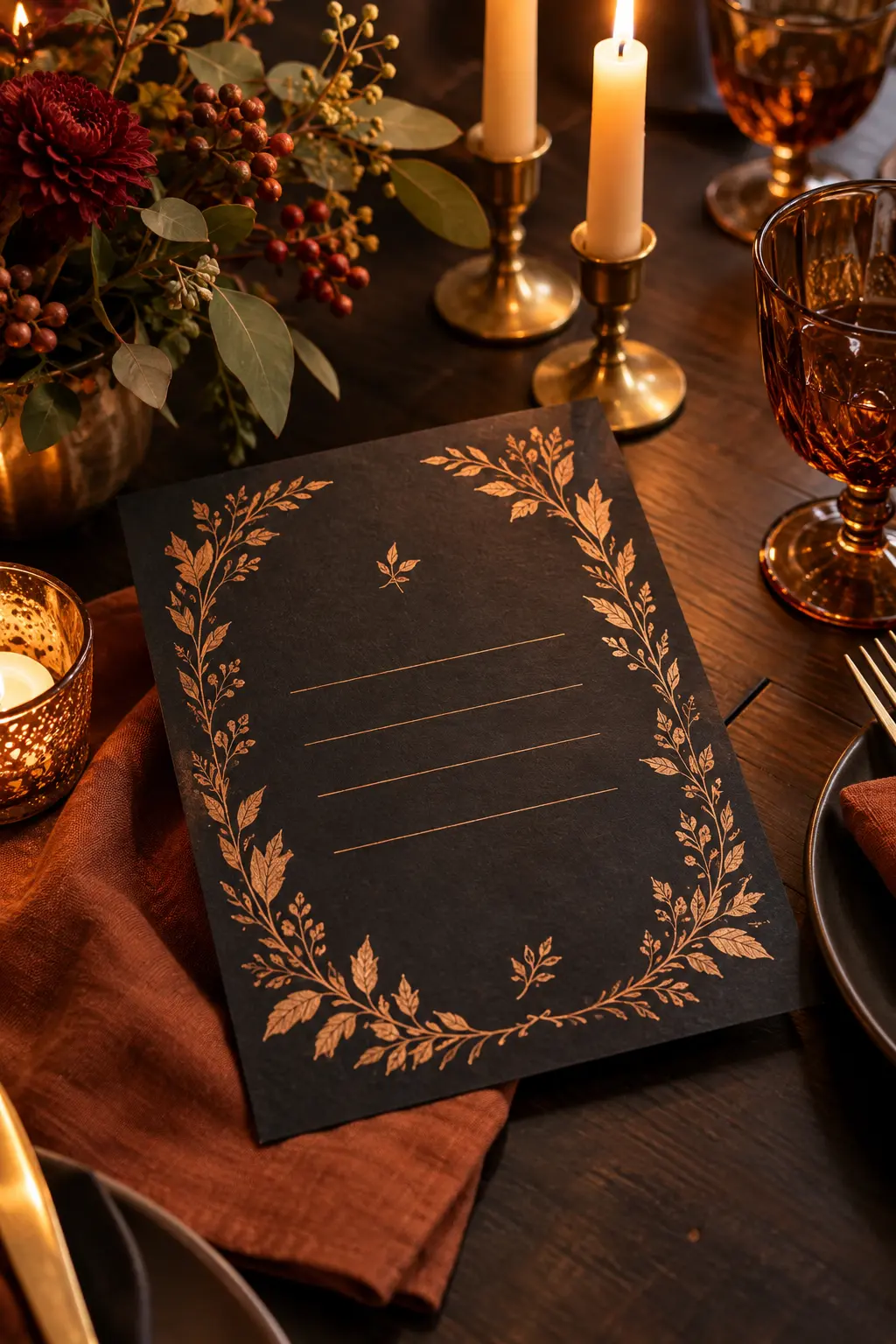 Black Friendsgiving invitation with copper botanical border beside amber glassware