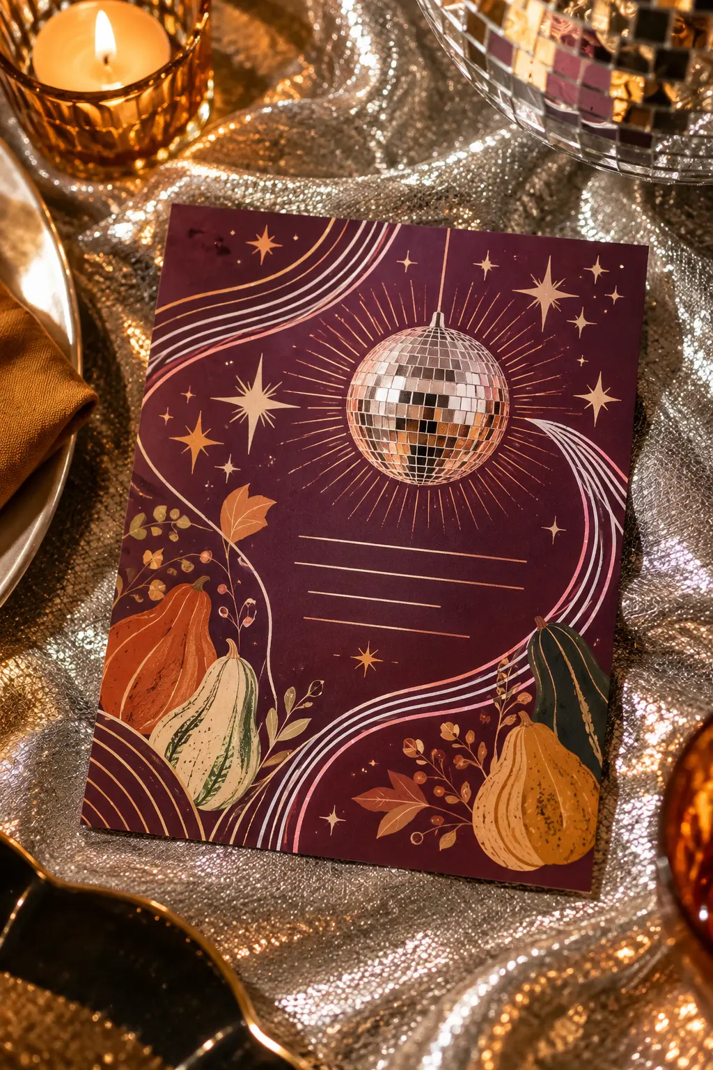 Plum disco-harvest Friendsgiving invitation with mirrored ball and squash motifs