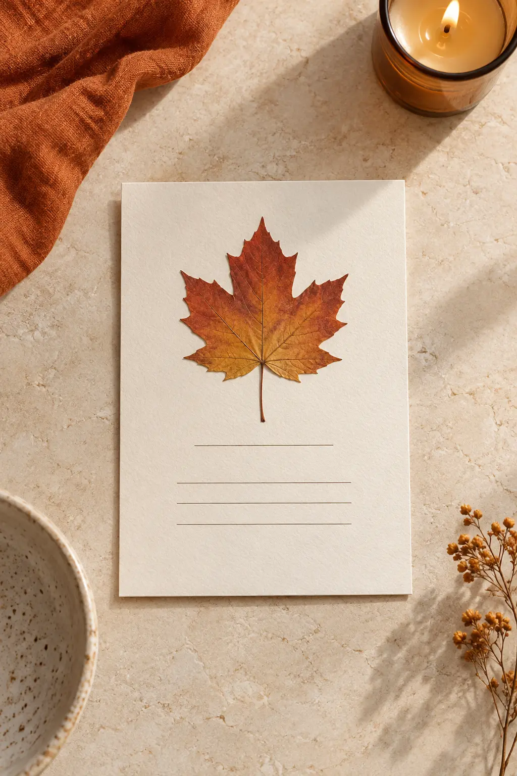 Minimal cream Friendsgiving invitation with one pressed maple leaf