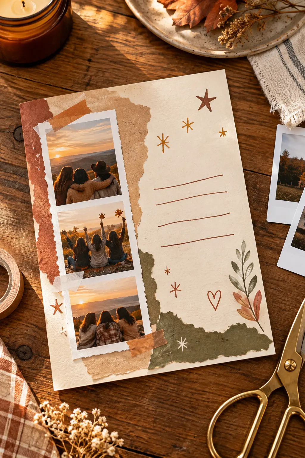 Scrapbook Friendsgiving invitation with friend photo strip tape and torn paper