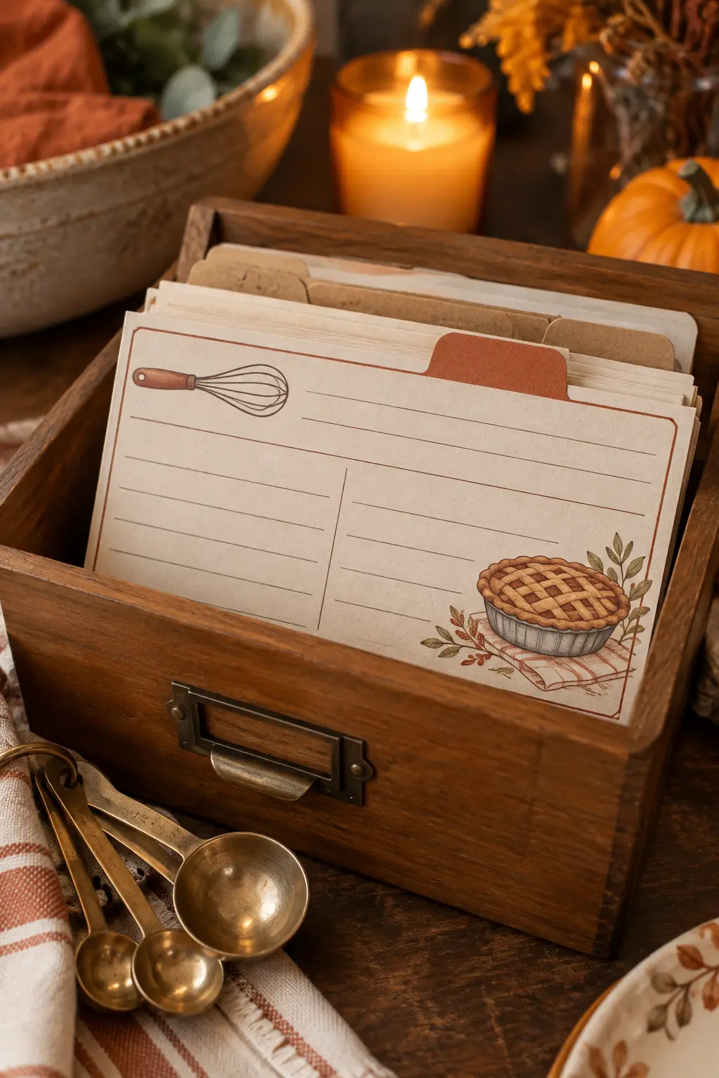 Recipe-card-style Friendsgiving invitation with whisk and pie illustrations