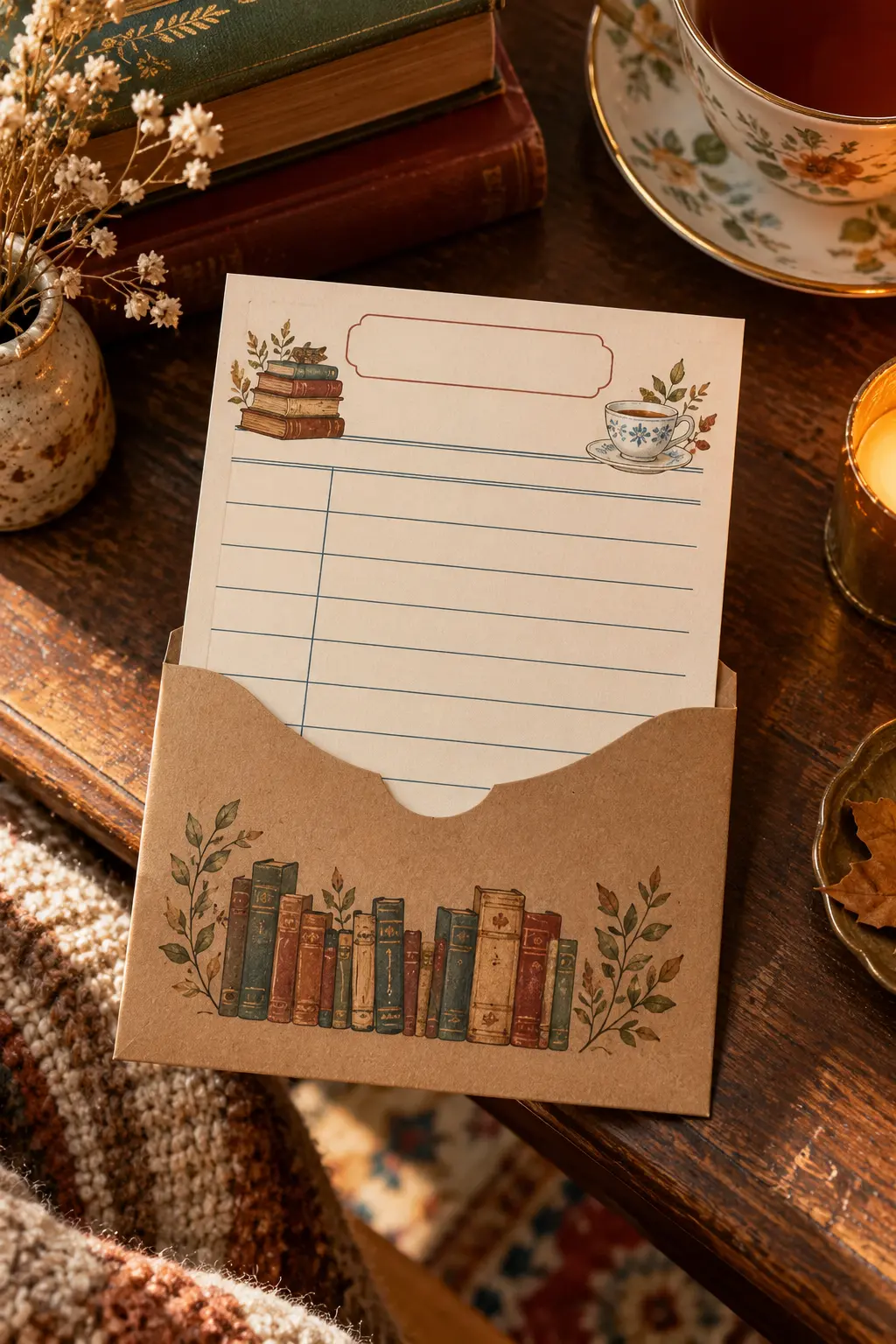 Bookish Friendsgiving invitation styled like a library checkout card in a kraft pocket