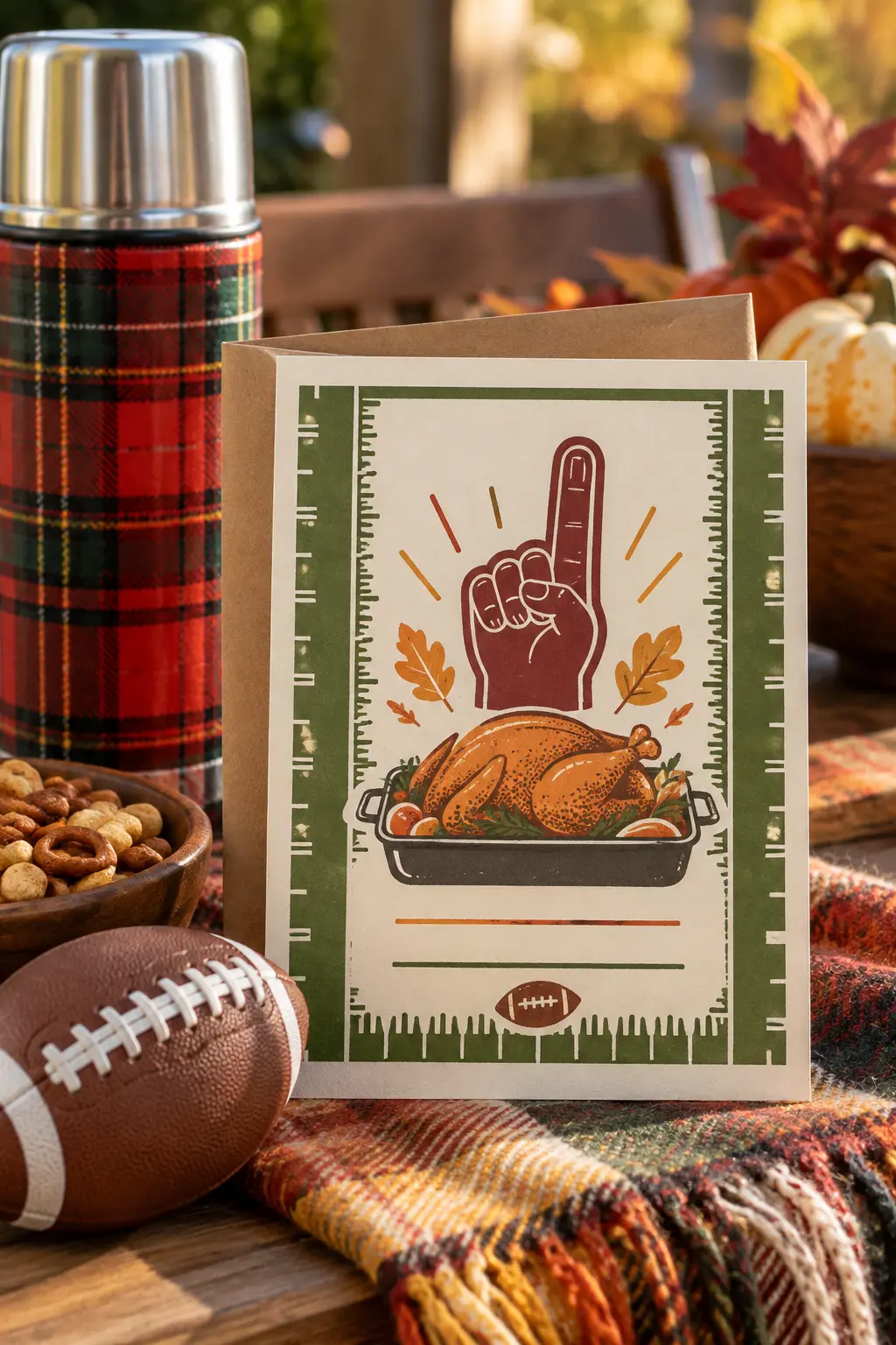 Football-tailgate Friendsgiving invitation with field lines roasting pan and mini football