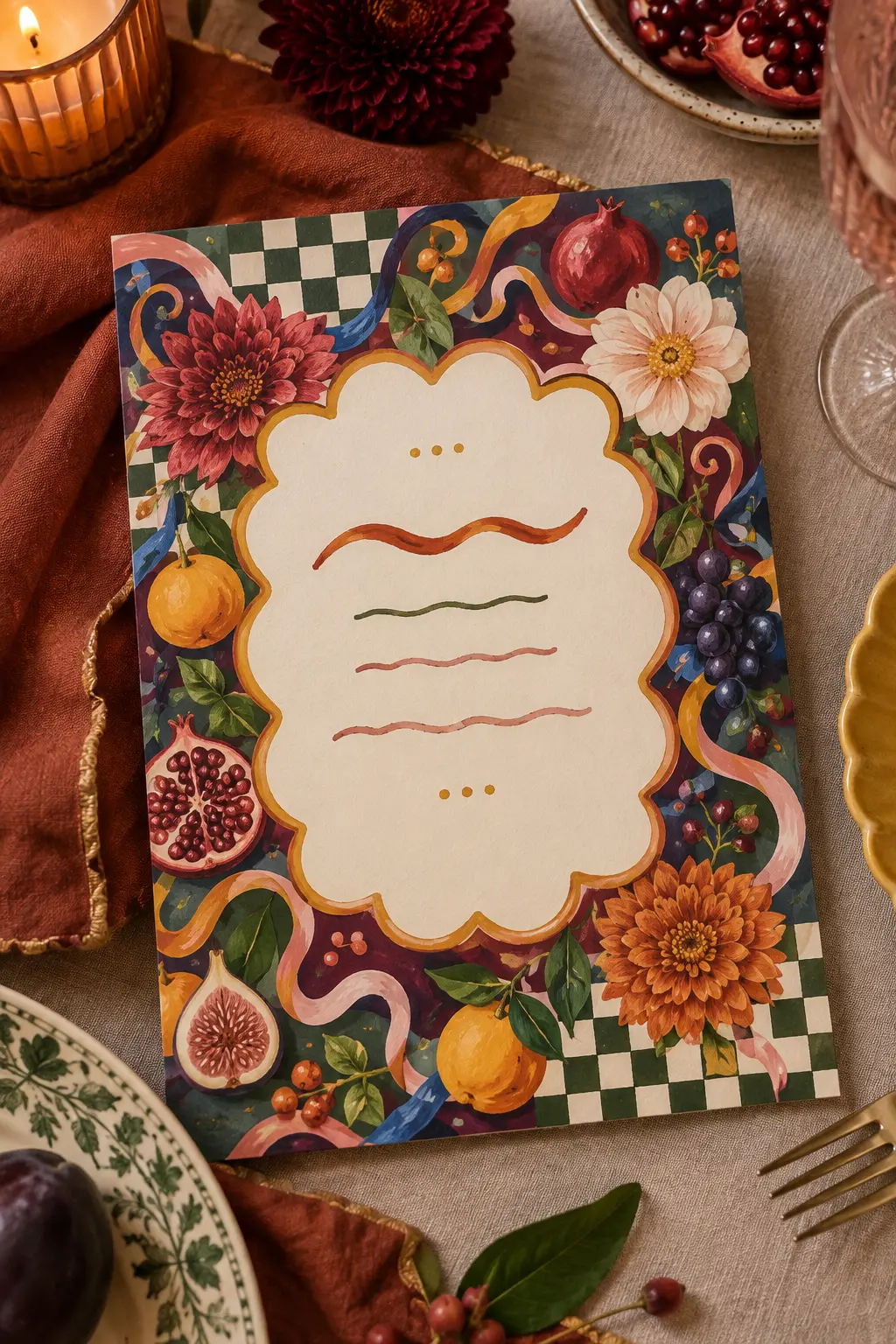 Colorful maximalist Friendsgiving invitation with fruit flowers checks and scallops