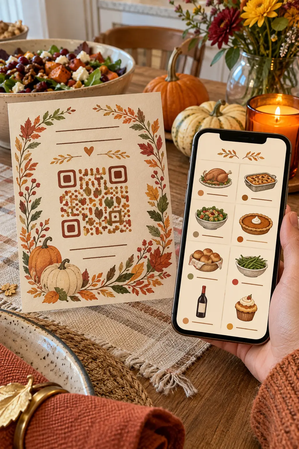 Friendsgiving invitation with decorative QR-style sign-up block and phone