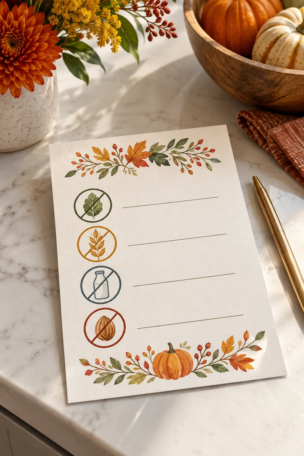 Inclusive Friendsgiving RSVP card with dietary symbol illustrations