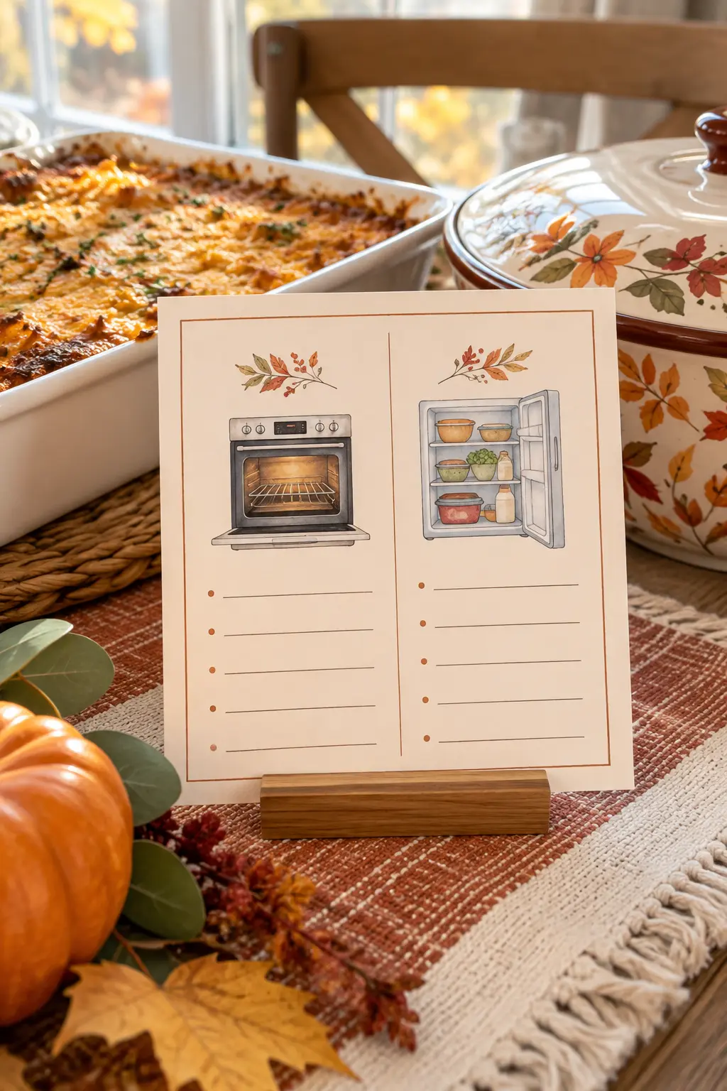Friendsgiving invite insert with oven and refrigerator icons beside casserole dishes