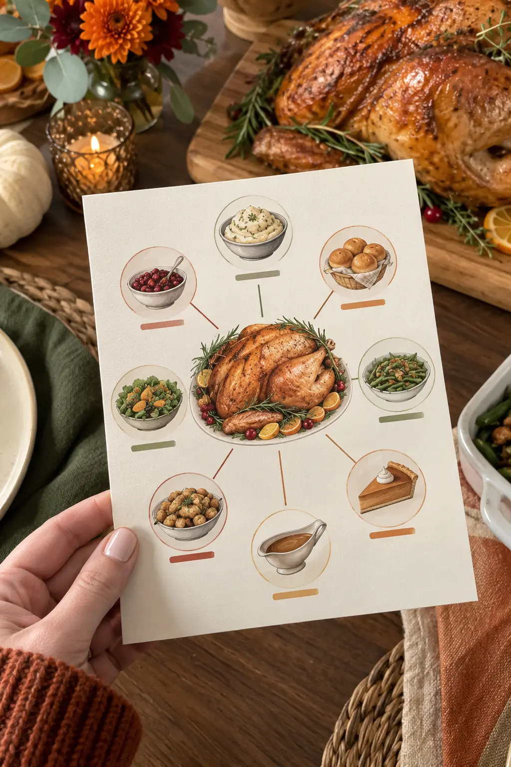 Friendsgiving invitation showing a central roast platter surrounded by side-dish icons