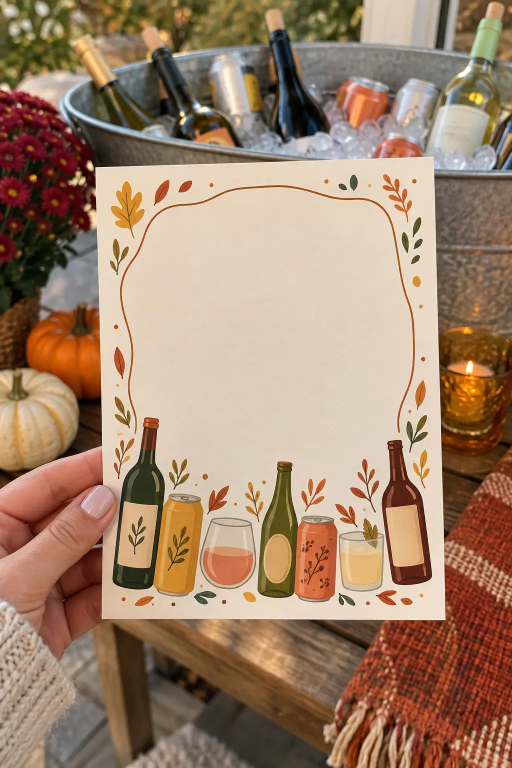 Modern Friendsgiving invitation with bottle can and glass illustrations