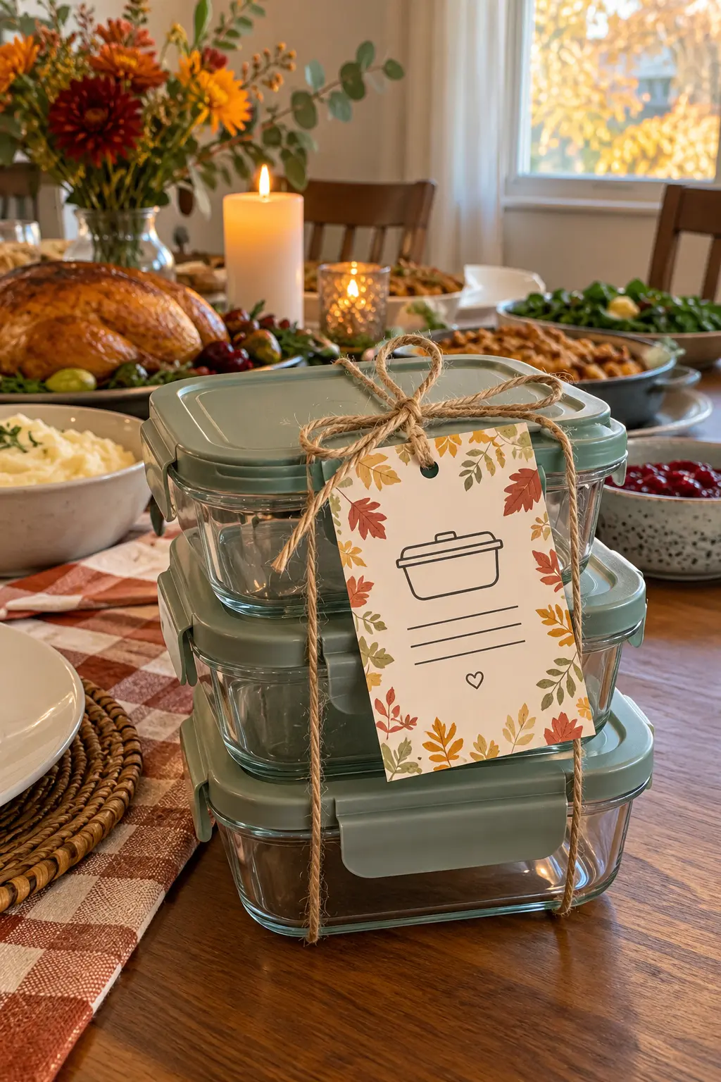 Friendsgiving reminder card tied to a stack of reusable food containers