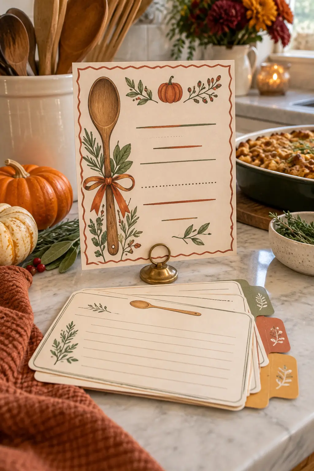 Friendsgiving recipe-swap invitation with blank recipe cards and measuring spoons